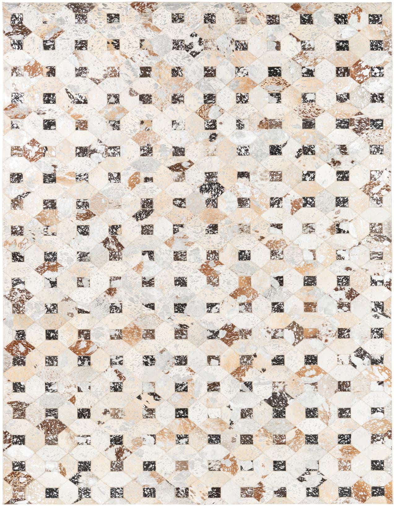 A 5x8 rectangular Cowhide Leather rug featuring a modern abstract pattern of gray, silver, brown, and black patches.