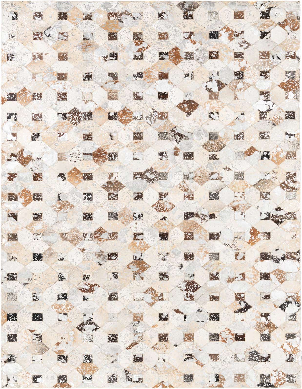 A 5x8 rectangular Cowhide Leather rug featuring a modern abstract patchwork of gray, silver, brown, and white cowhide pieces.