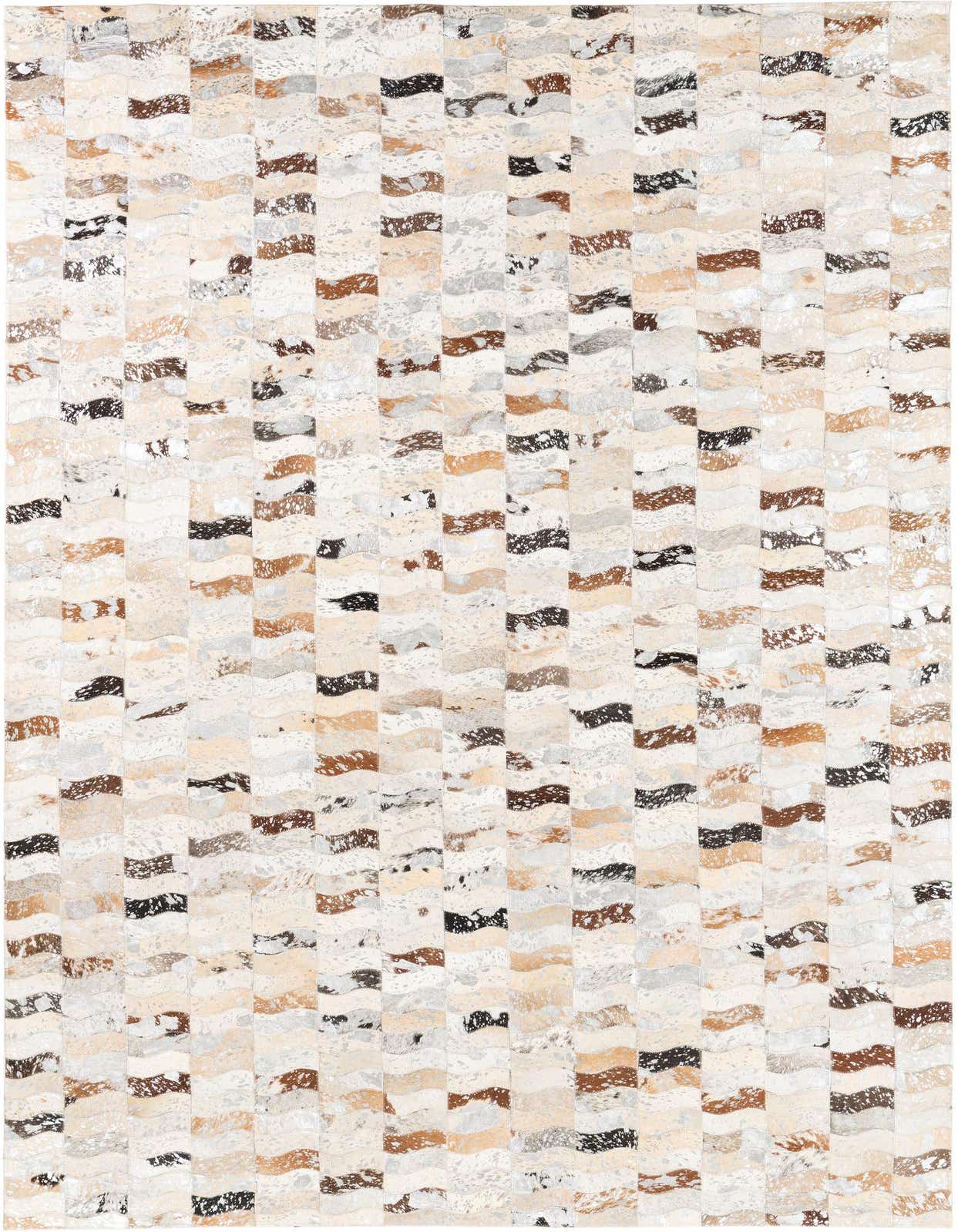 A rectangular 5x8 Cowhide Leather rug featuring a modern abstract pattern of wavy stripes in various shades of gray, silver, brown, and cream.