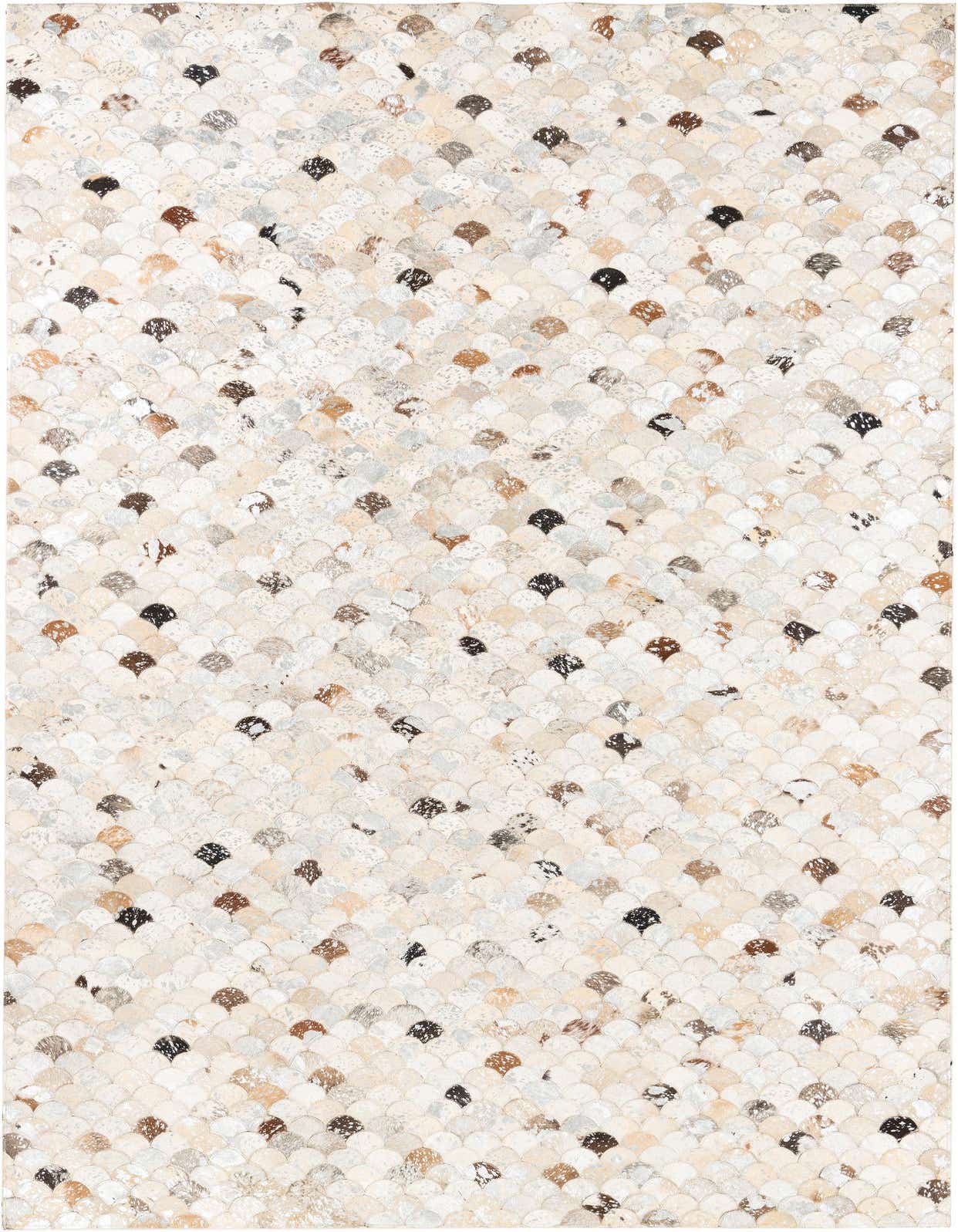 A 5x8 rectangular Cowhide Leather rug featuring a modern abstract scallop pattern in various shades of gray, silver, and natural brown.