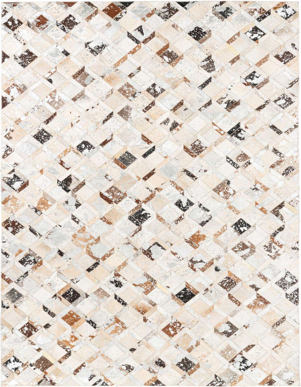 A rectangular 5x8 modern cowhide rug with an abstract geometric pattern in shades of gray, silver, brown, and white.