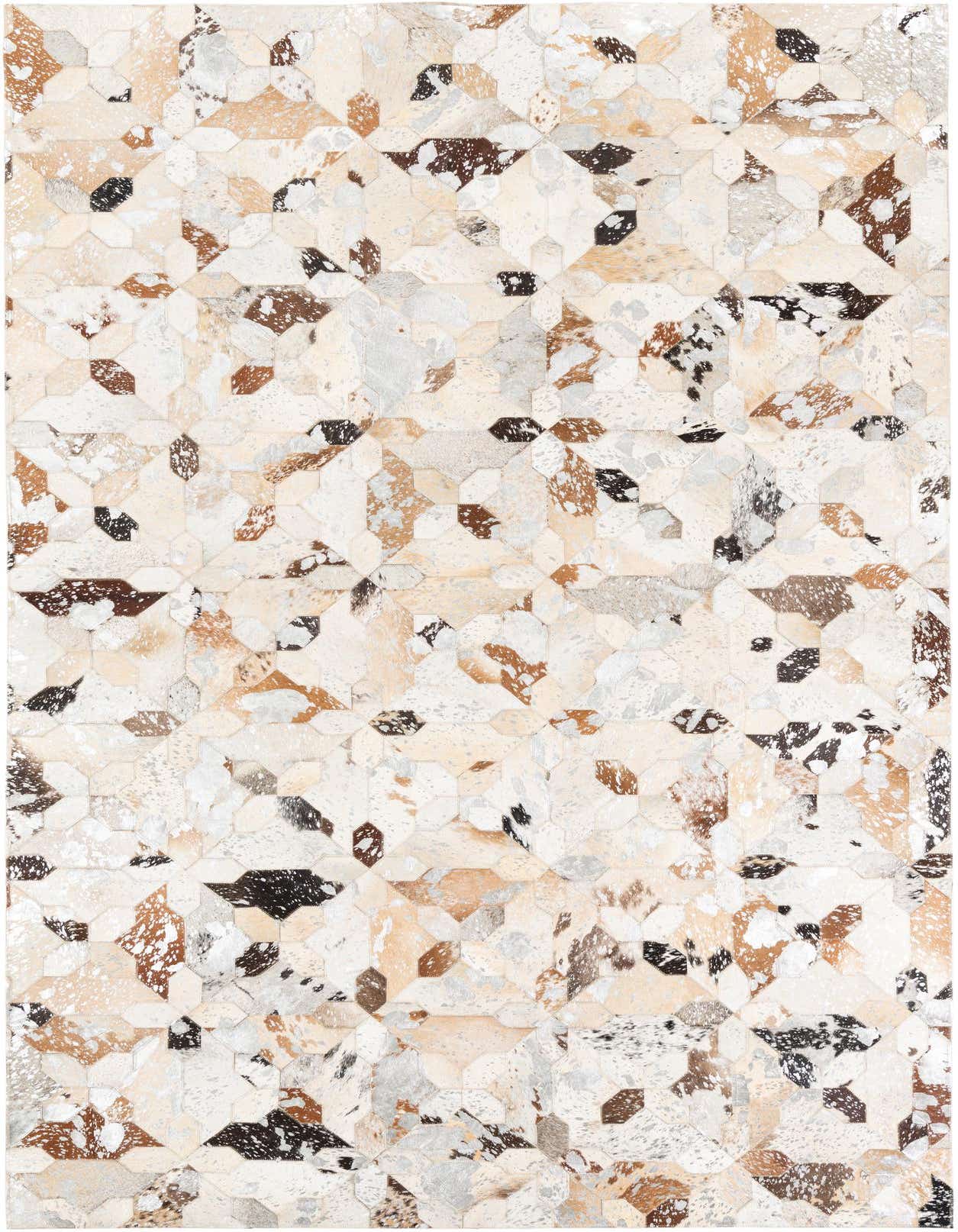 A 5x8 rectangular Cowhide Leather rug featuring a modern, abstract patchwork design in shades of gray, silver, brown, and black.