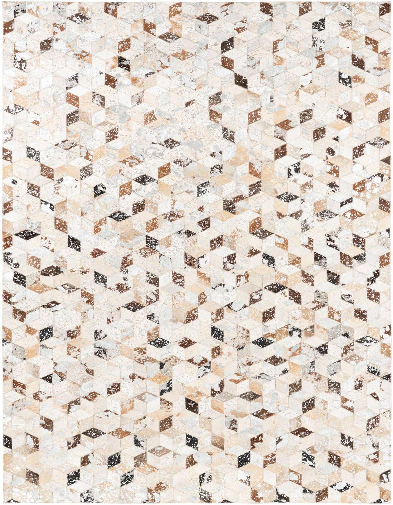 A 5x8 rectangular Cowhide Leather rug featuring a modern abstract pattern of gray, silver, brown, and black geometric cubes.