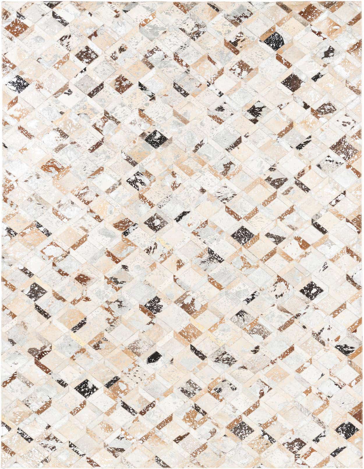 A rectangular 5x8 gray and silver modern abstract cowhide rug with a flat pile, featuring a geometric patchwork pattern.
