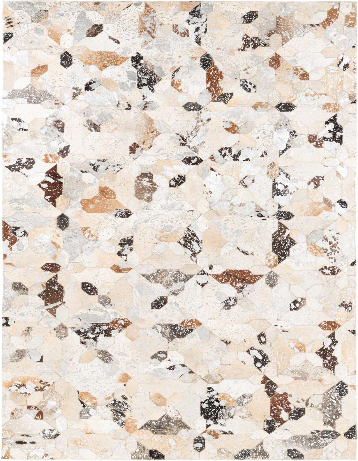A 5x8 rectangular Cowhide Leather rug featuring a modern abstract patchwork design in shades of gray, silver, brown, and cream.