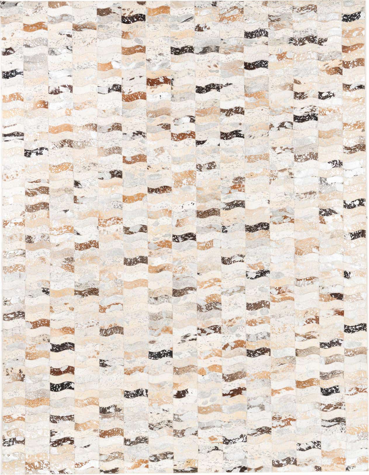 A rectangular 5x8 gray and silver modern cowhide rug with an abstract wavy pattern, perfect for a living room.