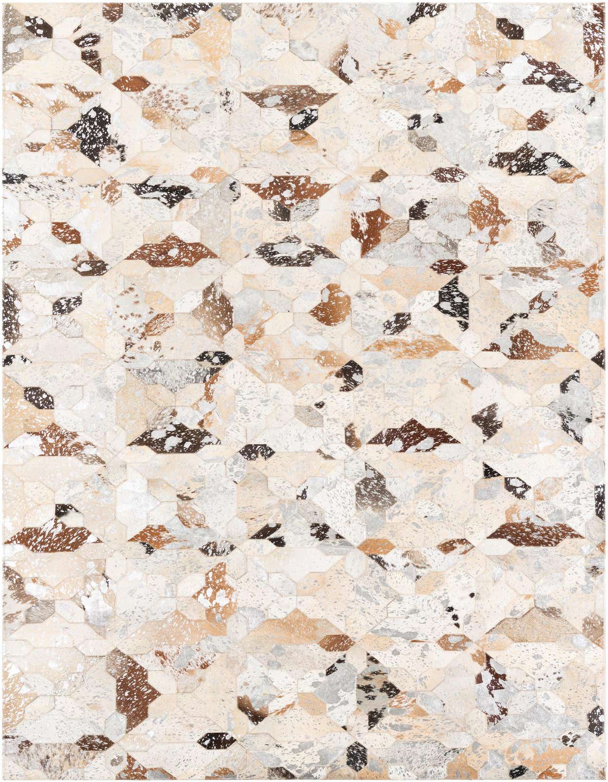 A 5x8 rectangular Cowhide Leather rug featuring a modern, abstract patchwork design in shades of gray, silver, and natural brown.