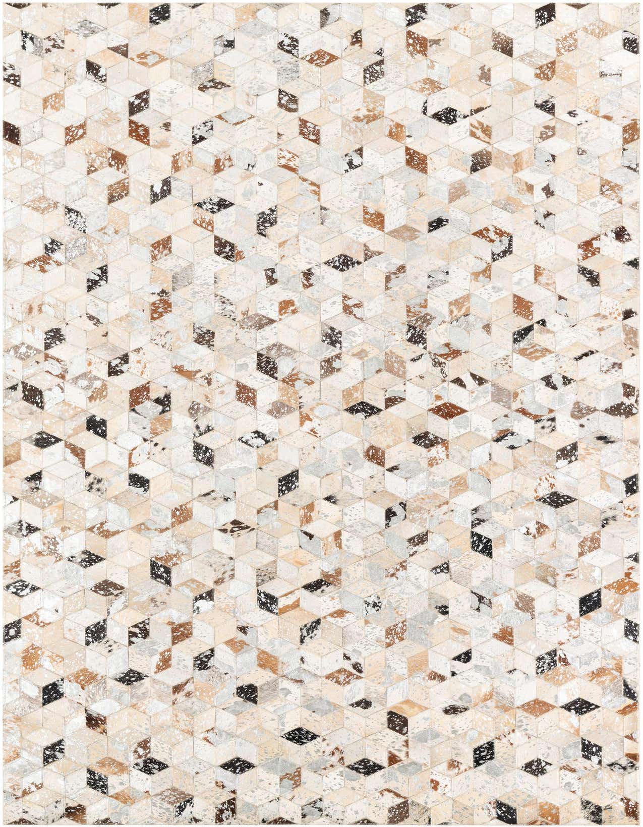 A 5x8 rectangular Cowhide Leather rug featuring a modern abstract pattern of geometric cubes in shades of gray, silver, brown, and black.