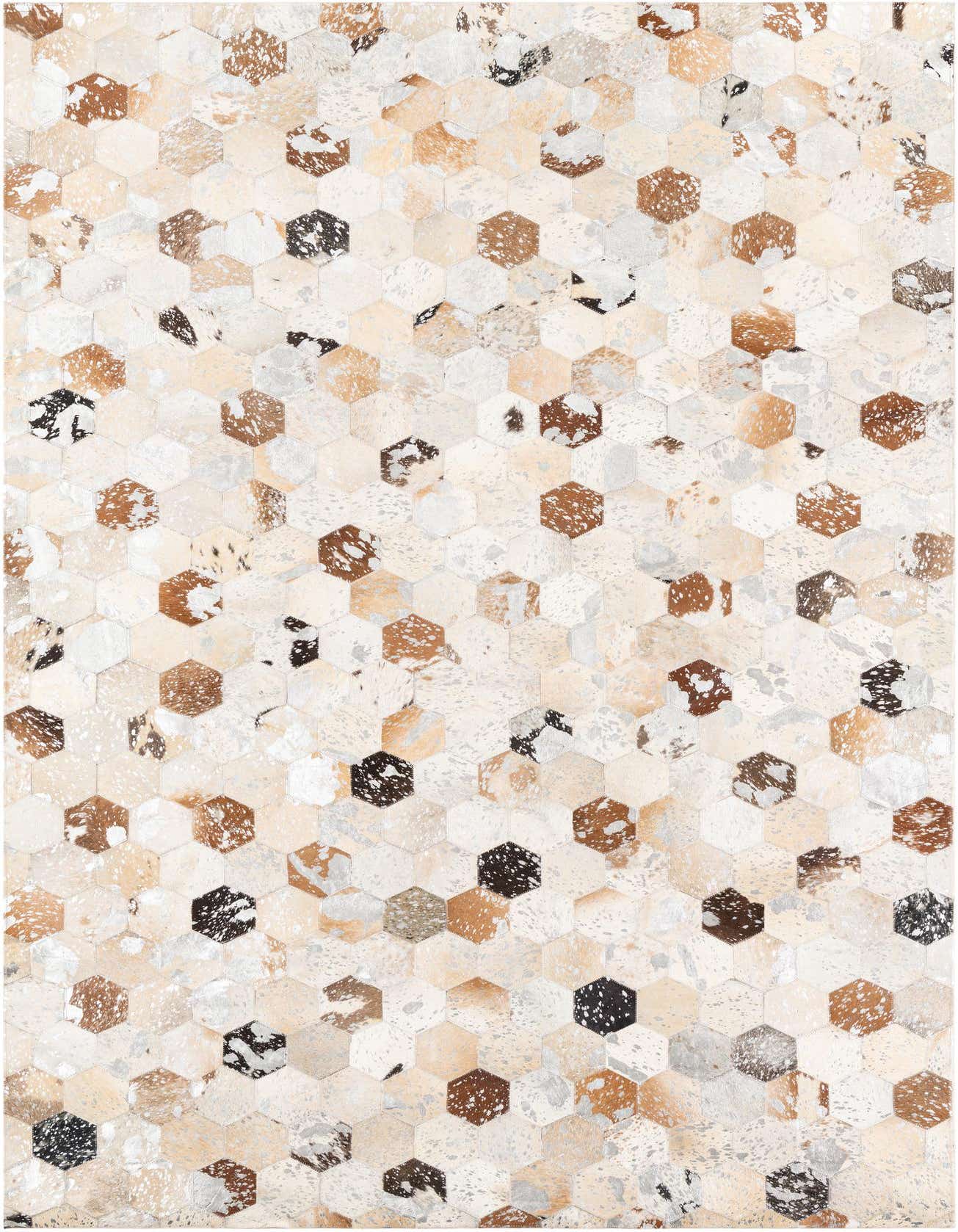 A 5x8 rectangular Cowhide & Leather rug featuring a modern, abstract hexagonal pattern in various shades of gray, silver, brown, and cream.