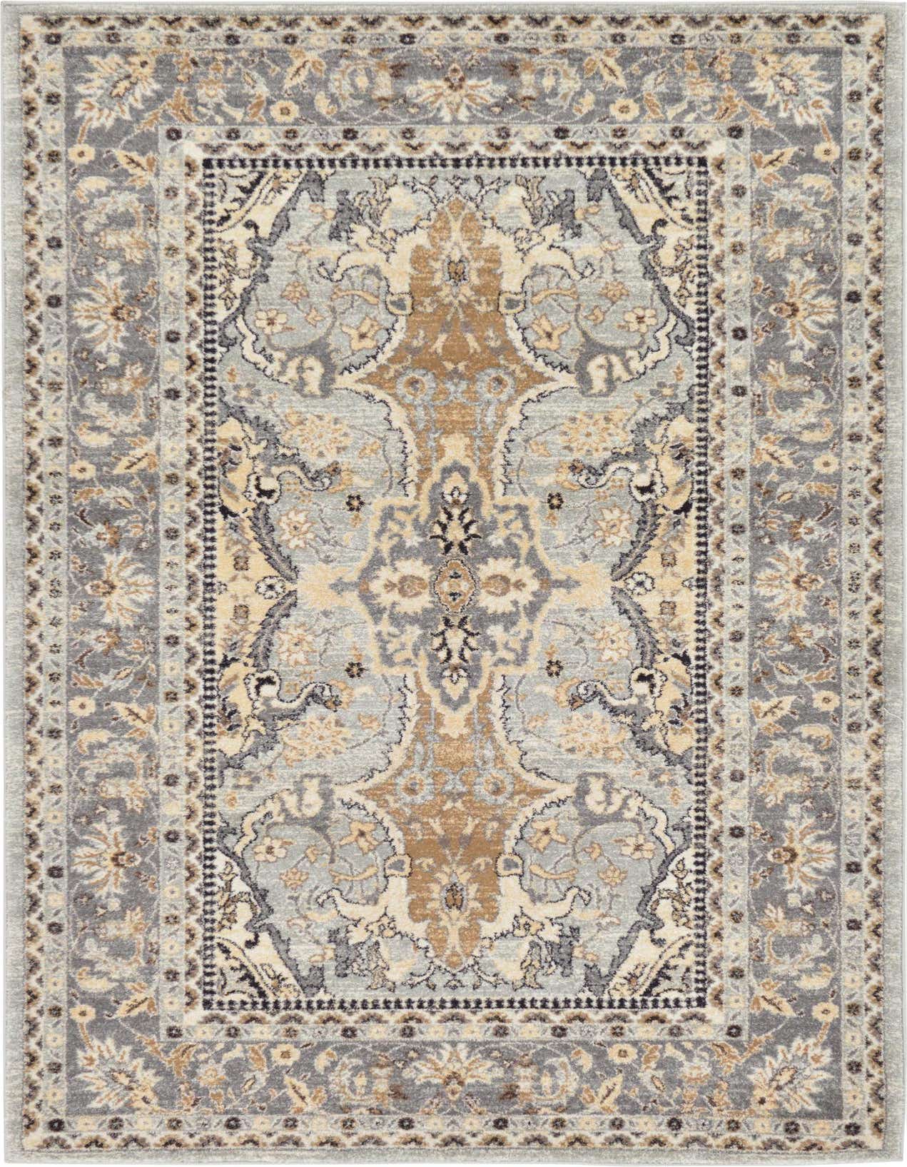 A 5x8 rectangular Legacy Collection rug featuring a traditional medallion and botanical pattern in shades of gray, silver, cream, and gold.