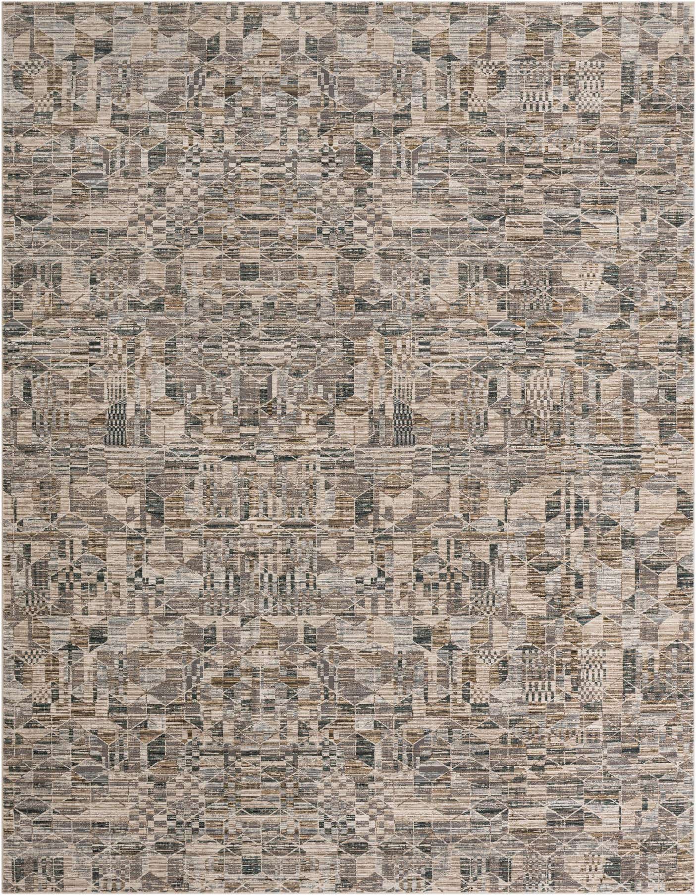 A large 10x14 rectangular Rugs.com Silta rug featuring a complex geometric pattern in various shades of brown, tan, and white.