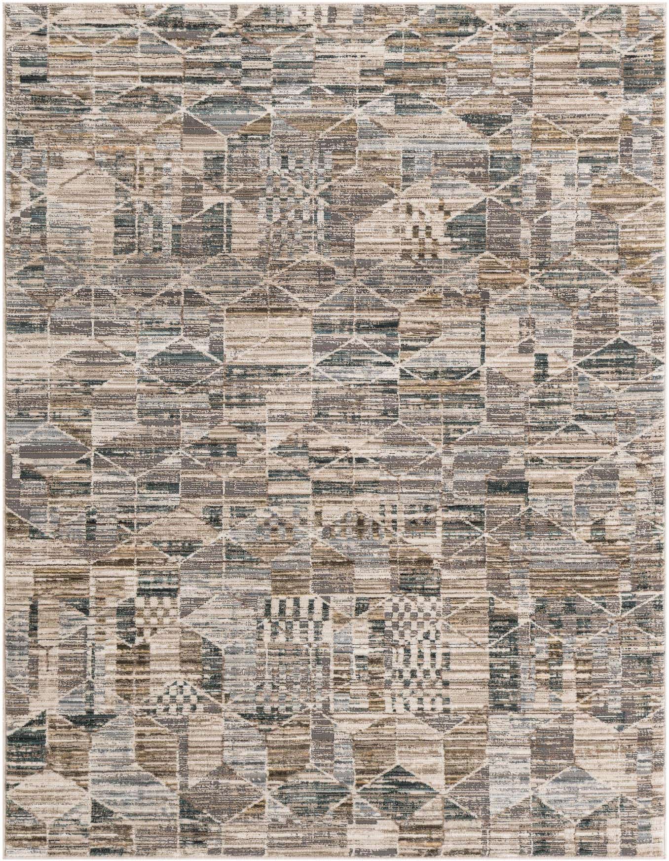 A 4x6 rectangular area rug featuring a distressed abstract geometric pattern in shades of brown, tan, and white.