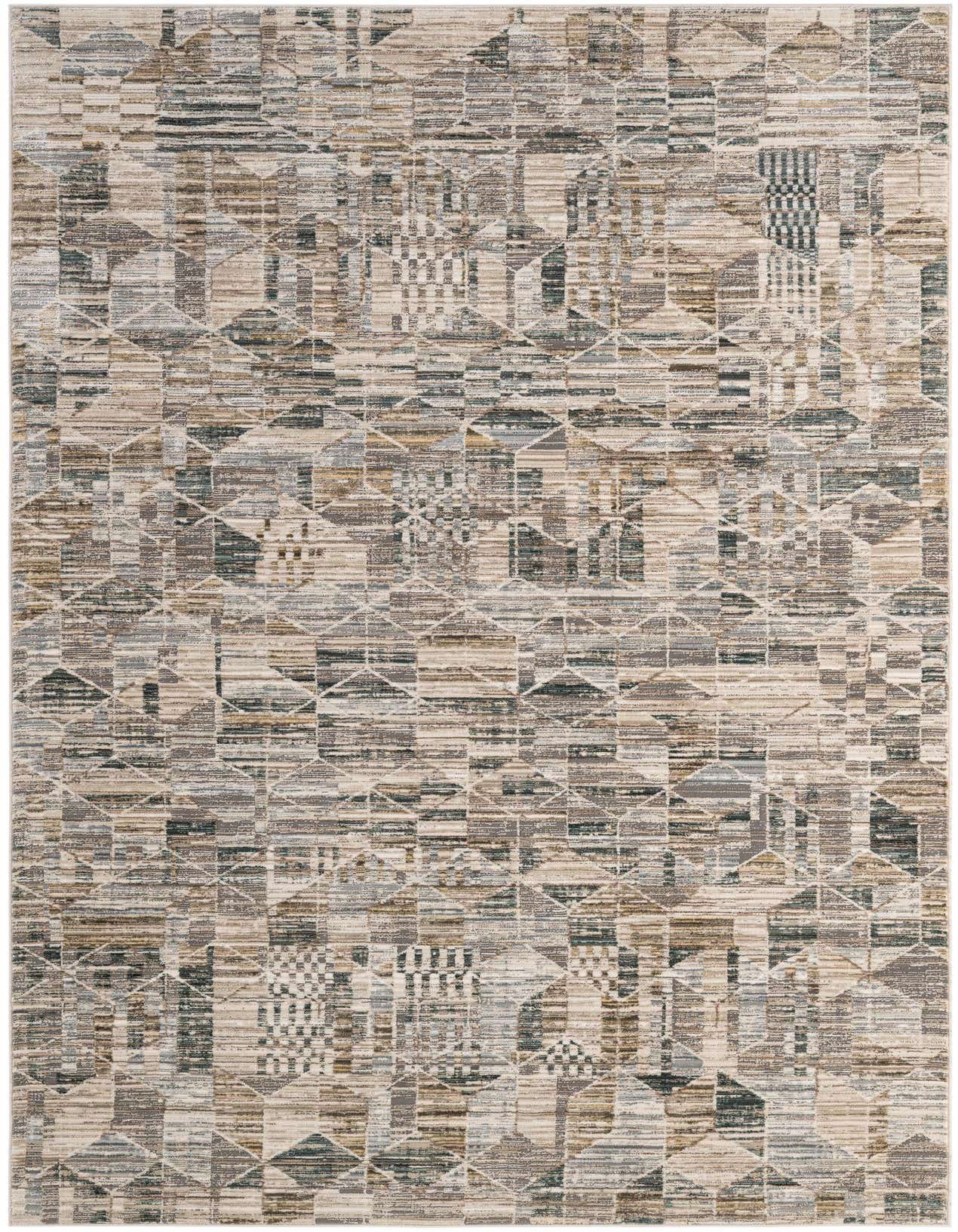 A 5x8 rectangular modern area rug featuring an abstract geometric pattern in shades of brown, tan, white, and subtle blues.