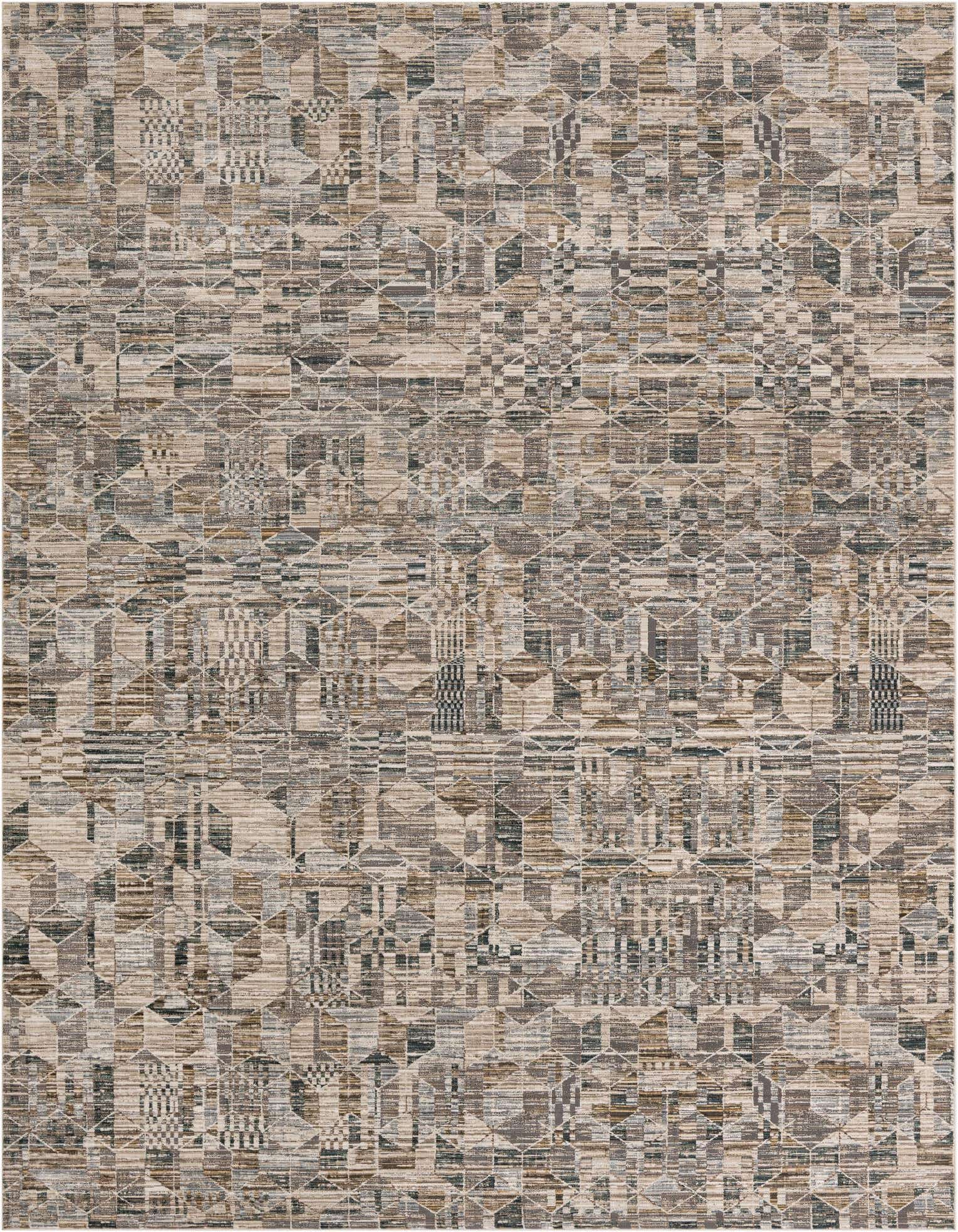 A 9x12 rectangular indoor rug featuring a complex geometric pattern in various shades of brown, tan, and white.