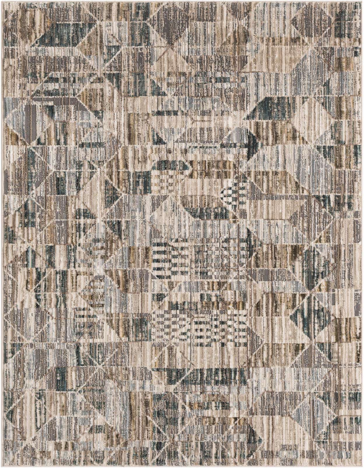 A 3x5 rectangular indoor rug featuring a modern abstract geometric pattern in shades of brown, tan, and white.