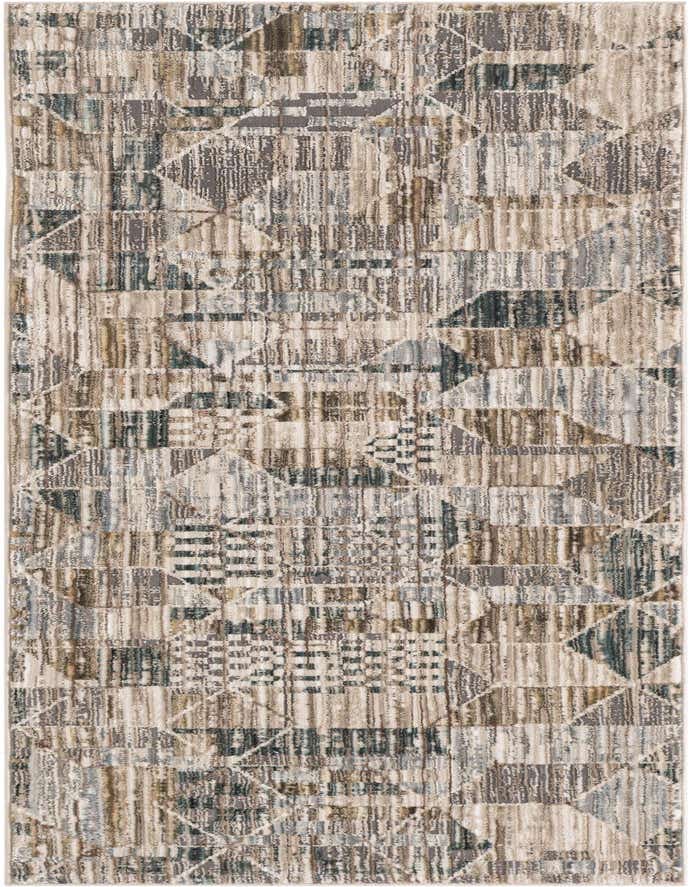 A 6 ft runner rug featuring an abstract geometric pattern in shades of brown, tan, and white, ideal for a hallway.