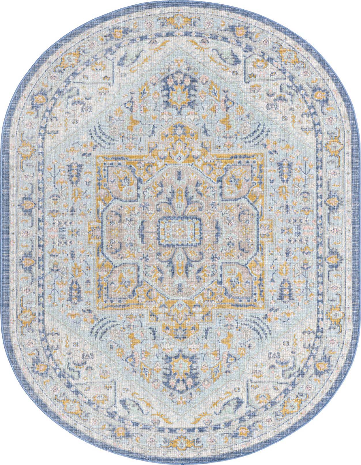 An oval 5' 0 x 8' 0 Sky Blue Whitney rug with a vintage medallion pattern and a dark blue border.