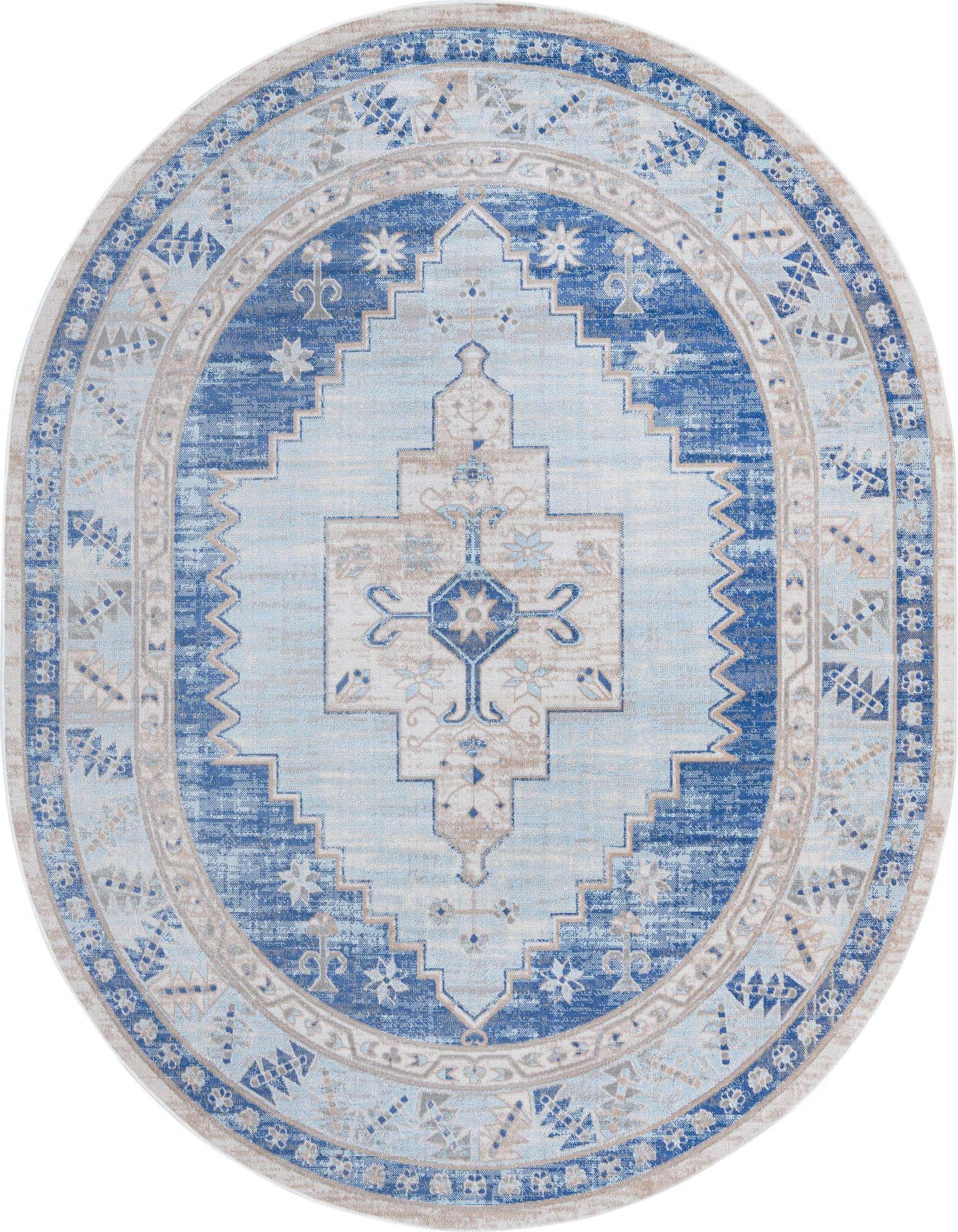 An 8'x10' oval Sky blue tribal rug with a distressed medallion pattern and intricate border, suitable for indoor spaces.
