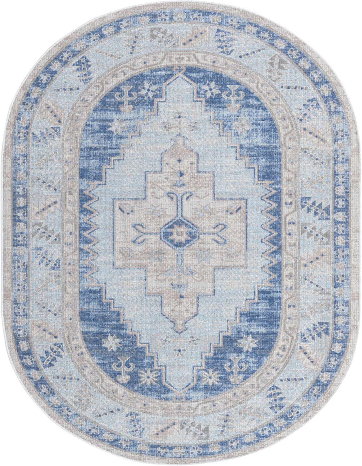 A 5'x8' oval sky blue and beige tribal medallion rug with a vintage look, suitable for an indoor living space.
