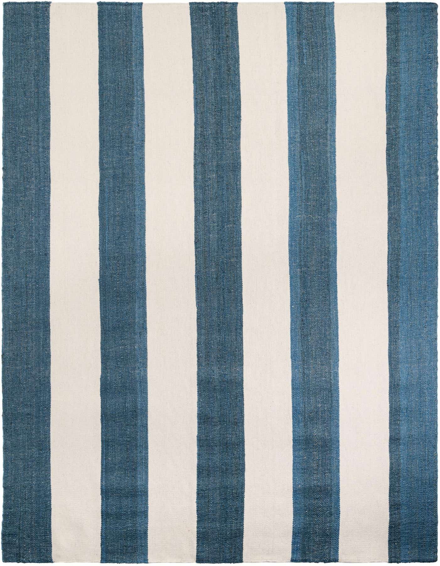 A 10x14 rectangular Jill Zarin Hamptons rug featuring wide sky blue and cream vertical stripes, made from jute and wool.