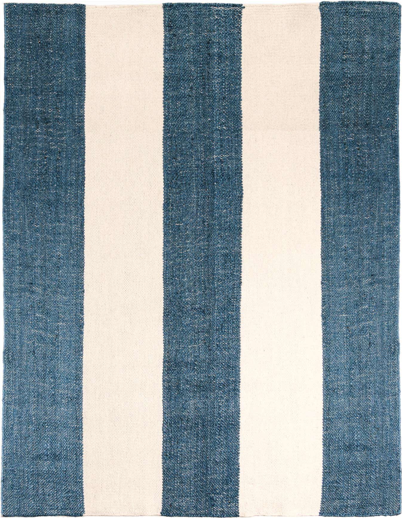 A 2x3 rectangular Jill Zarin Hamptons rug featuring wide sky blue and cream stripes, showcasing its textured flatweave.