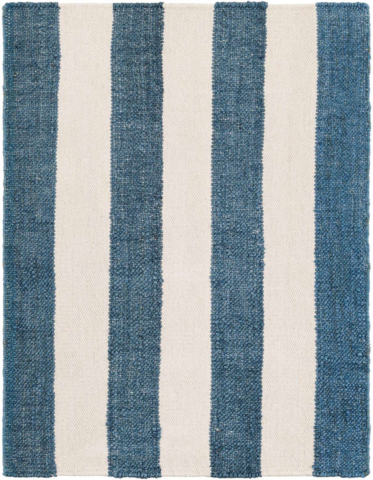 A 3x5 rectangular Jill Zarin Hamptons rug featuring bold sky blue and off-white vertical stripes with a textured flatweave.
