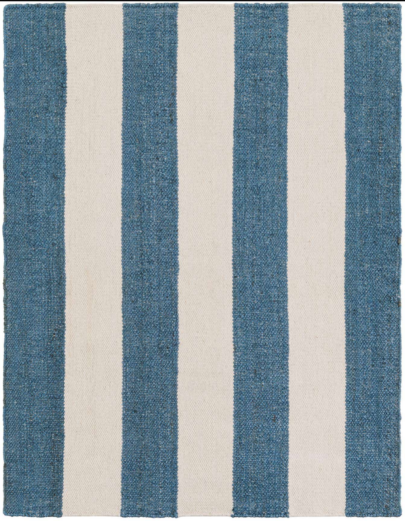 A 4x6 rectangular Jill Zarin Hamptons rug featuring wide sky blue and cream vertical stripes, showcasing its textured flatweave.