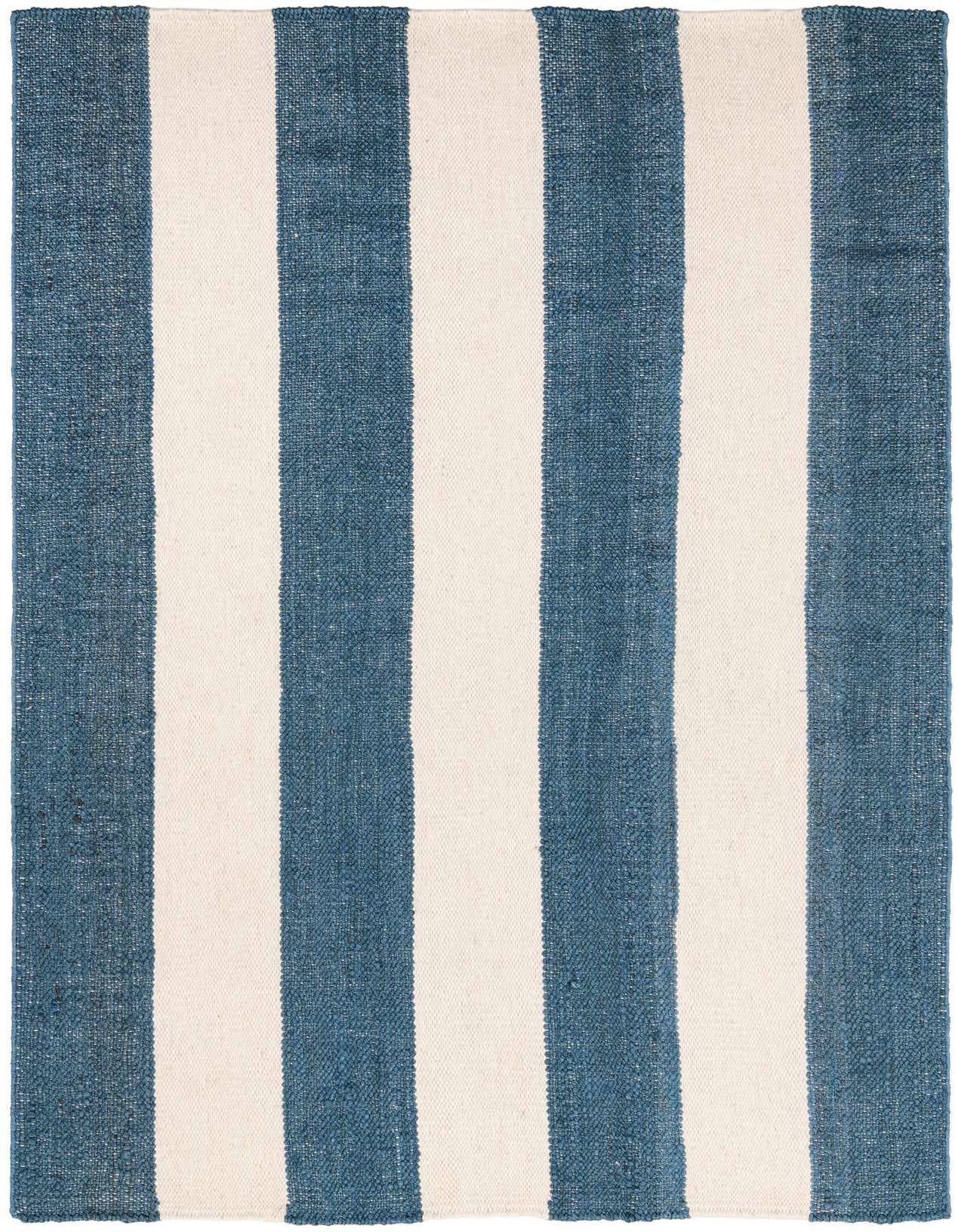 A 5x8 rectangular Jill Zarin Hamptons rug featuring wide sky blue and cream stripes, made from jute and wool.