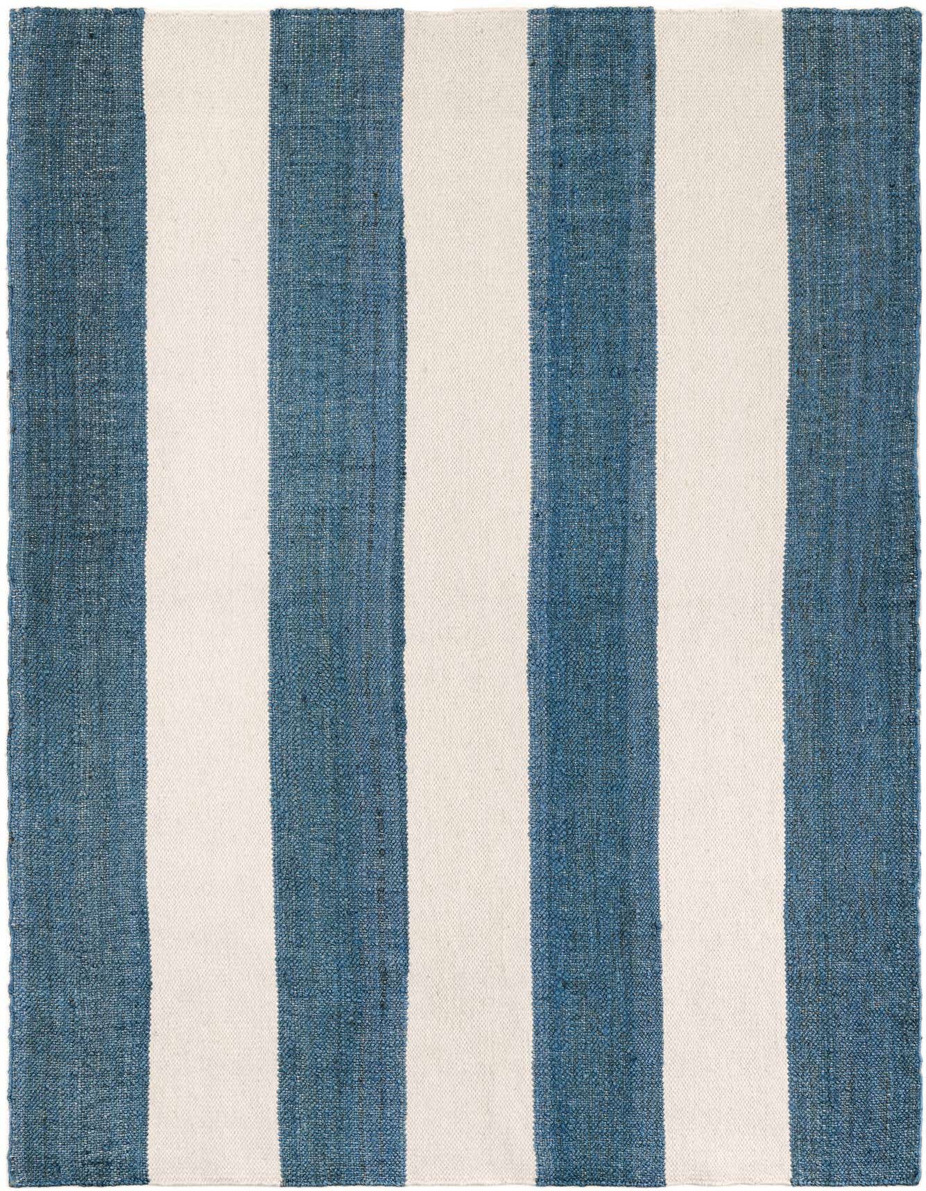 A 6x9 rectangular Jill Zarin Hamptons rug with wide sky blue and off-white vertical stripes, made from jute and wool.