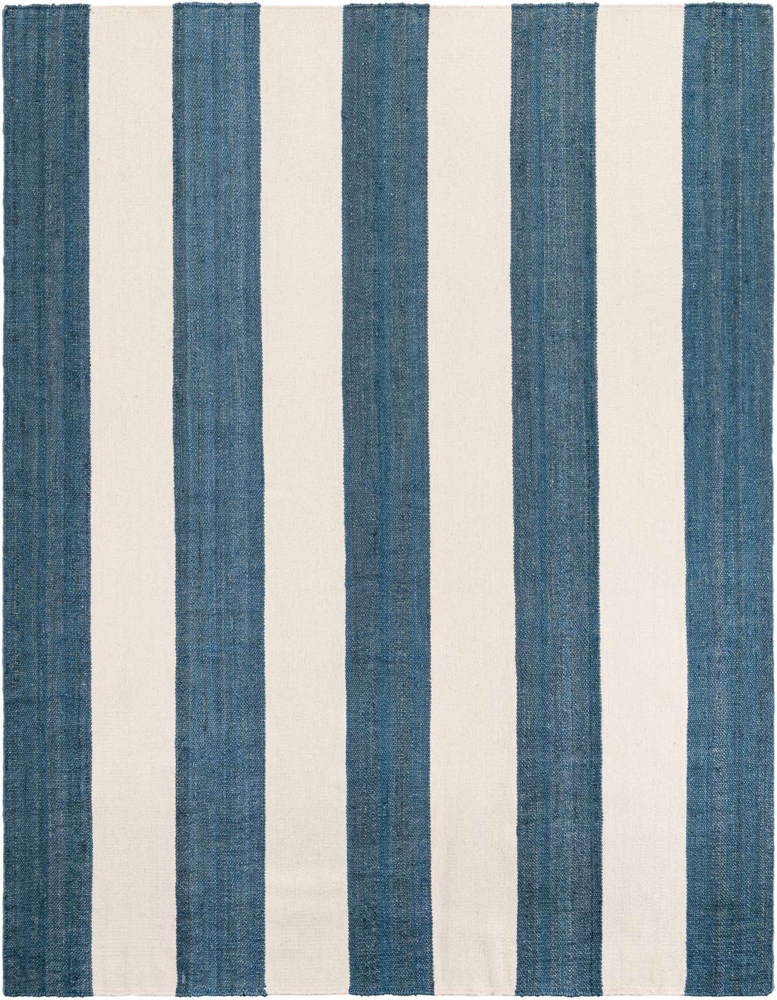 A 9x12 rectangular rug with wide vertical stripes in sky blue and cream, showcasing its textured flatweave.