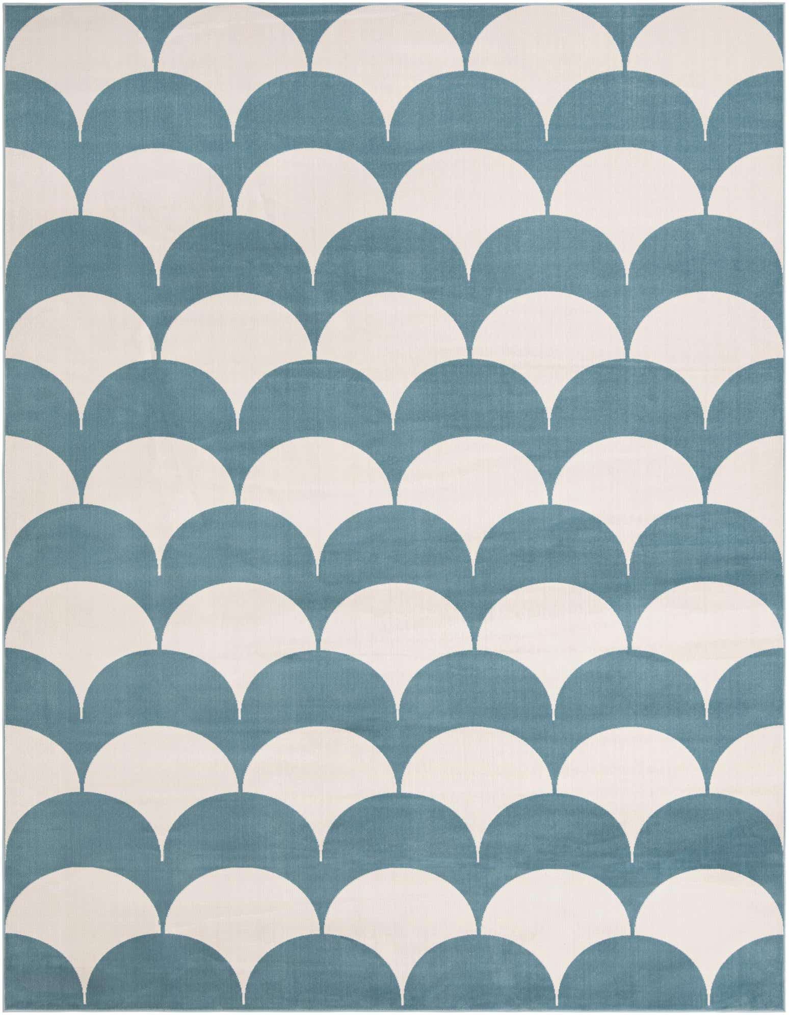 A 10x13 rectangular sky blue and off-white modern rug with a repeating abstract scallop pattern, suitable for a kid's room.
