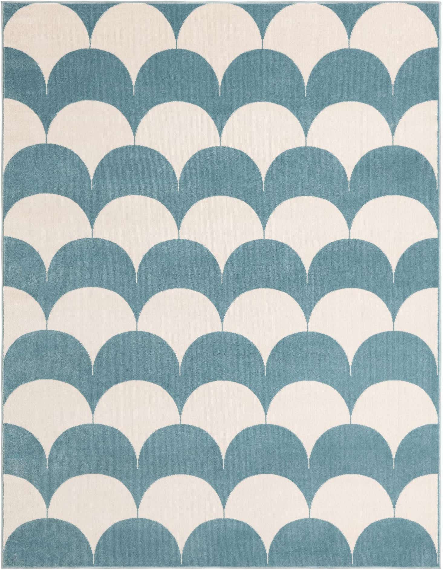 A 5x7 rectangular rug featuring a modern abstract pattern of alternating sky blue and cream scallop shapes.