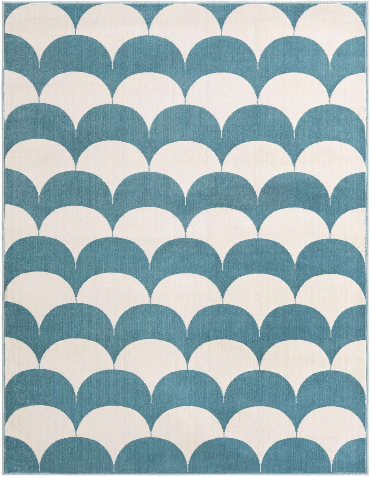 A 5x8 rectangular rug with a modern abstract pattern of alternating sky blue and off-white scallop shapes.