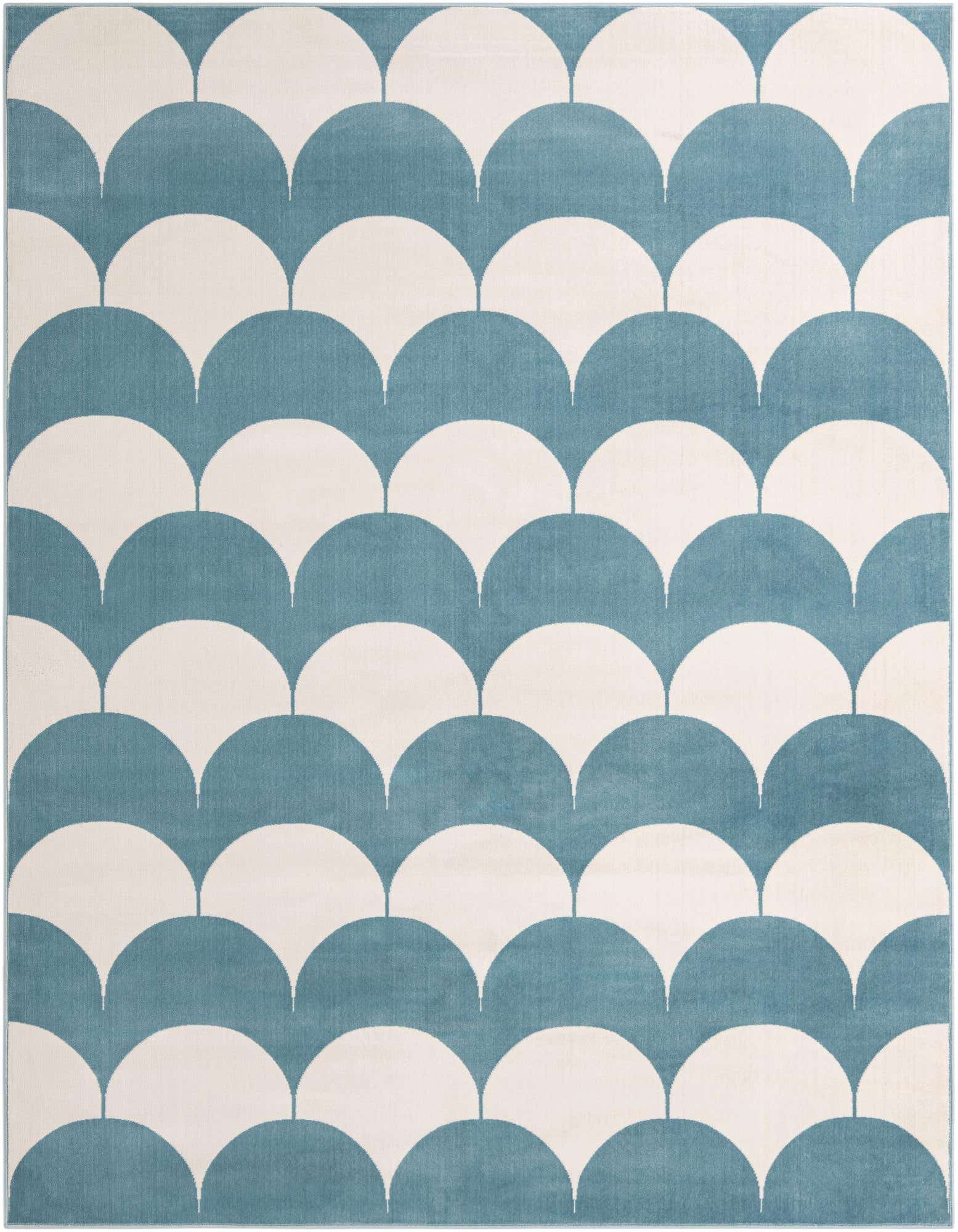 A rectangular 8x10 sky blue and white modern rug featuring an abstract scalloped or half-circle pattern.