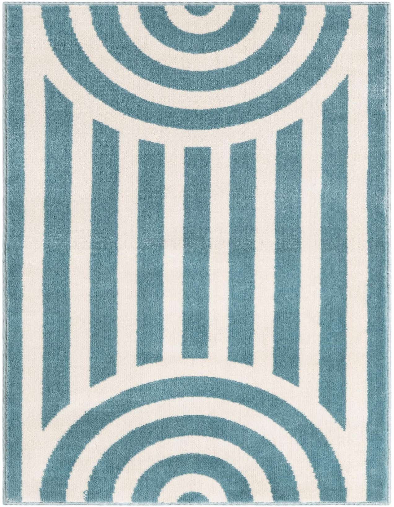 A 2x3 rectangular rug featuring a modern pattern of sky blue stripes and concentric half-circles on a cream background.