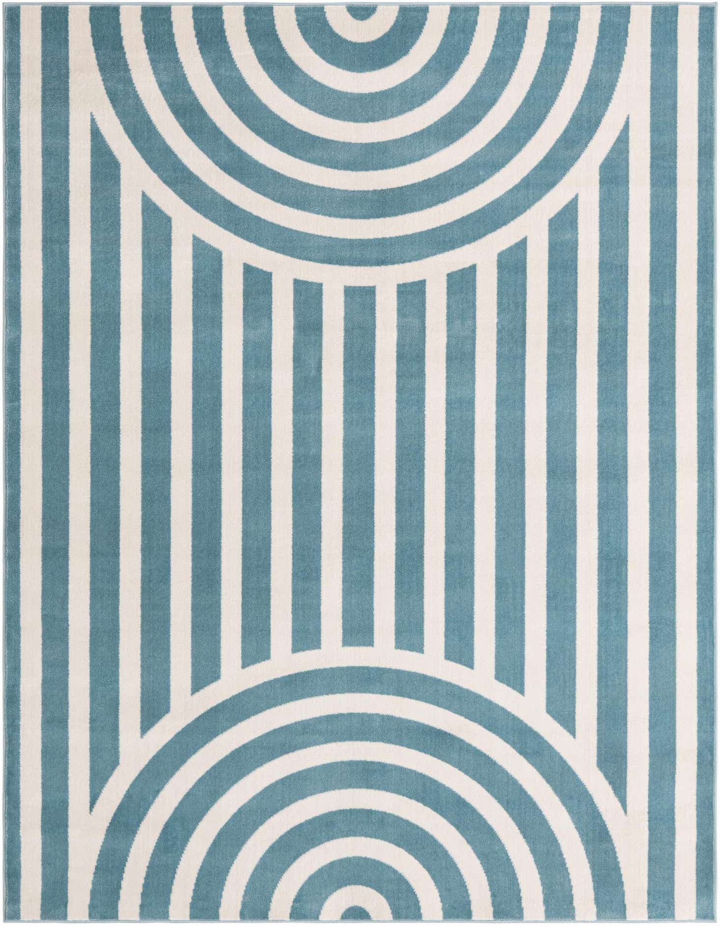 A 5x7 rectangular rug featuring a modern pattern of sky blue and white stripes and concentric half-circles.