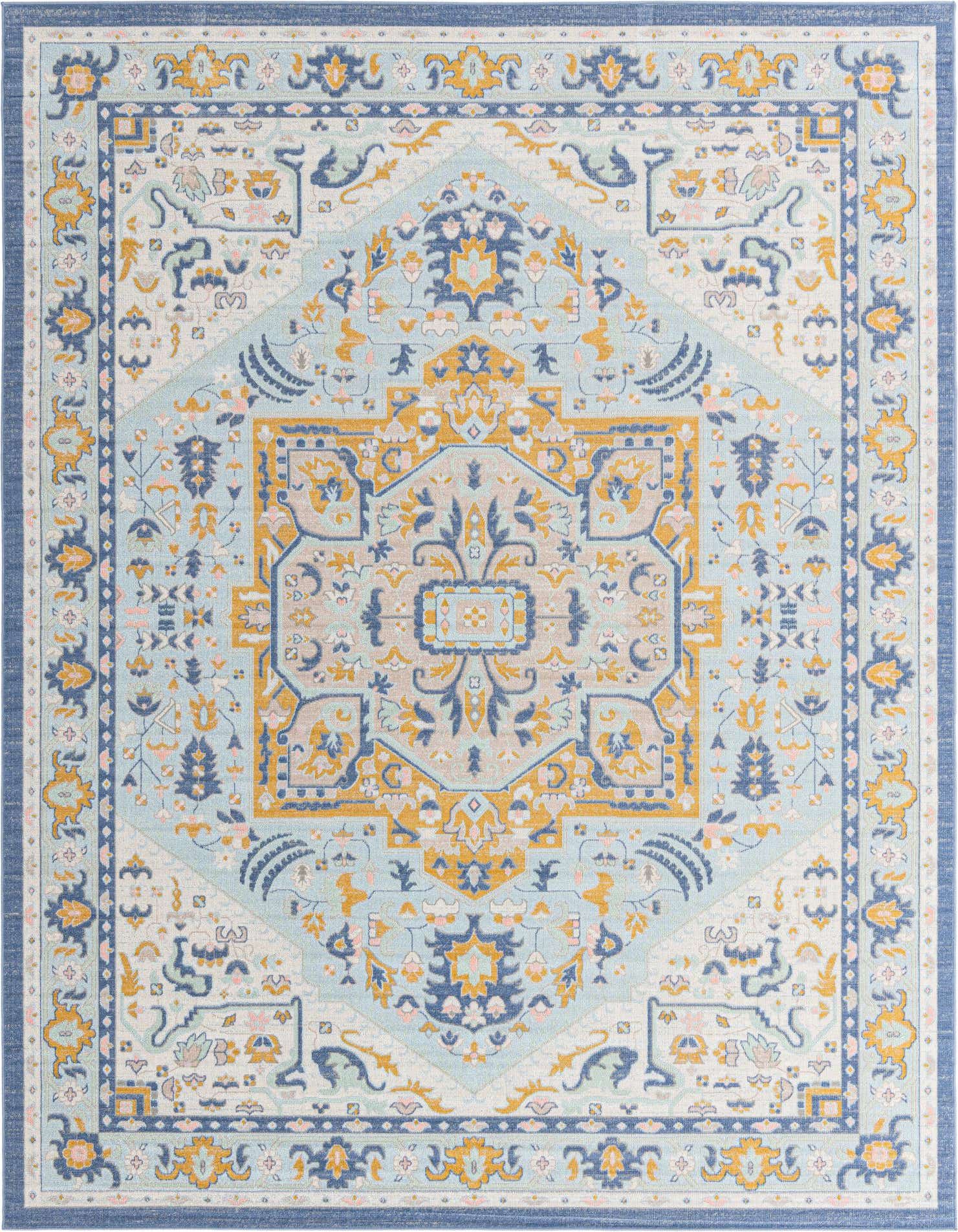 A 9x12 rectangular Whitney Collection rug featuring a sky blue, gold, and navy medallion pattern with a vintage farmhouse style.