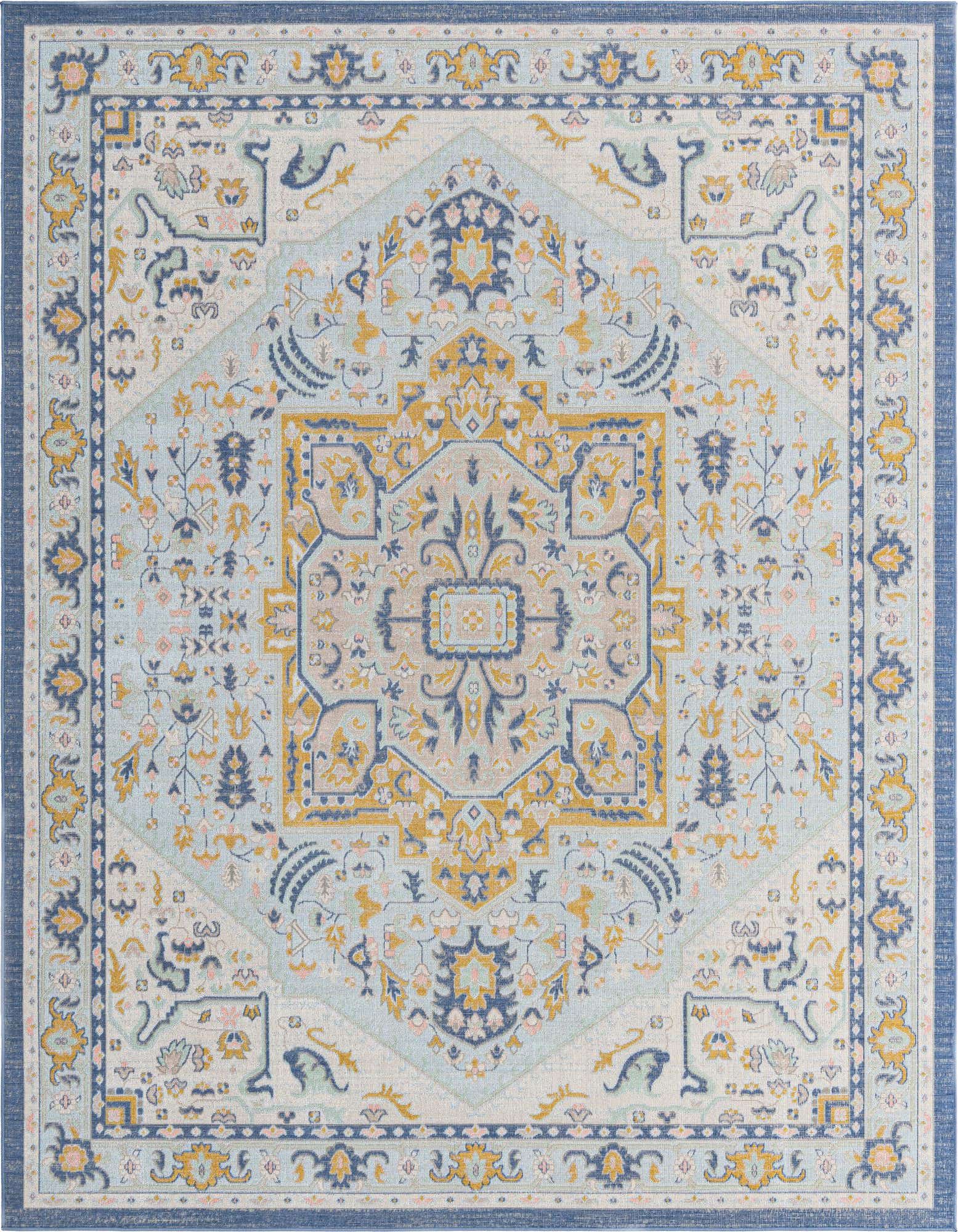 An 8x10 rectangular Sky Blue Whitney rug with a vintage medallion pattern in shades of blue, gold, and pink.