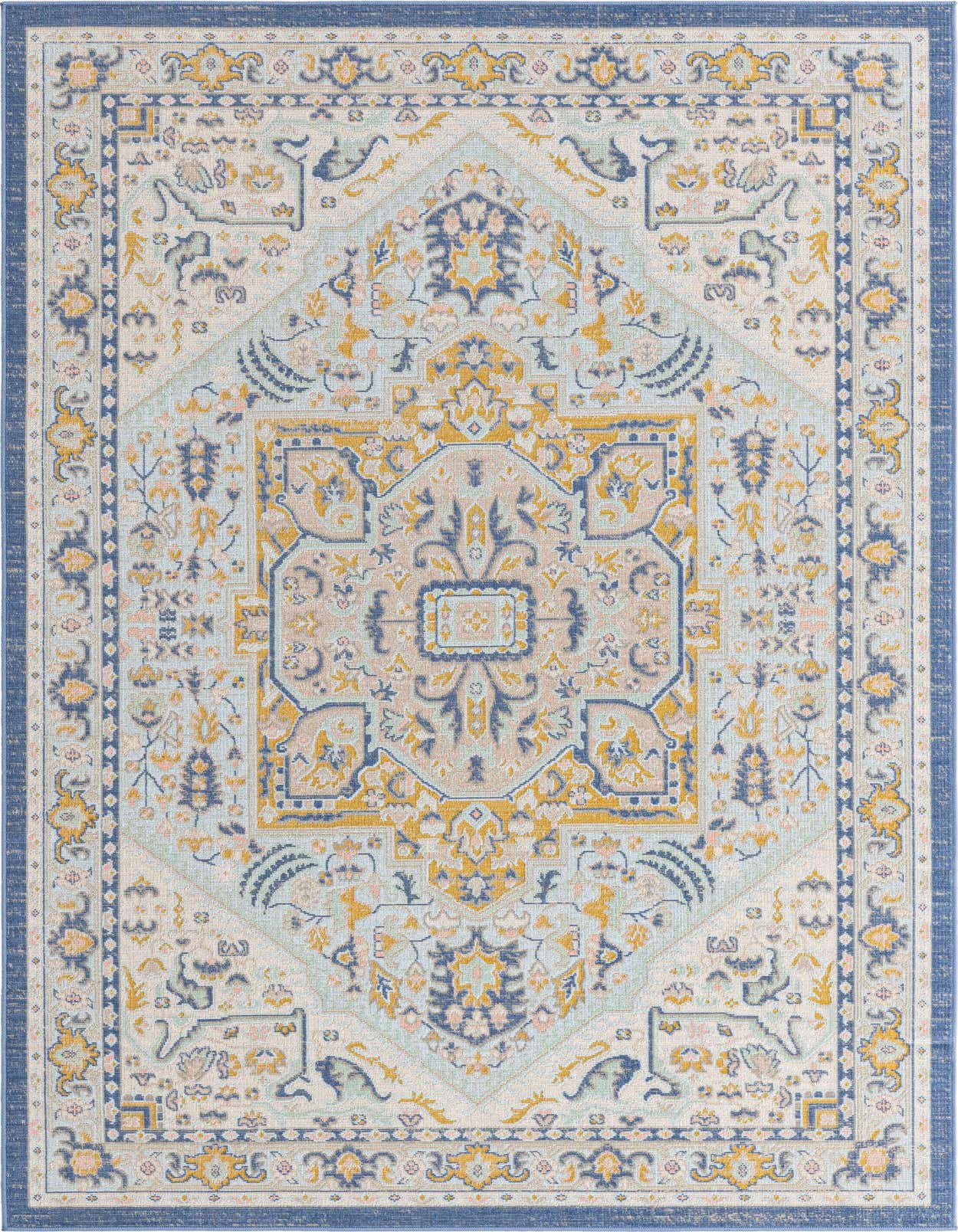 A 5x8 rectangular Whitney collection rug featuring a sky blue, yellow, and navy medallion pattern with a distressed vintage look.