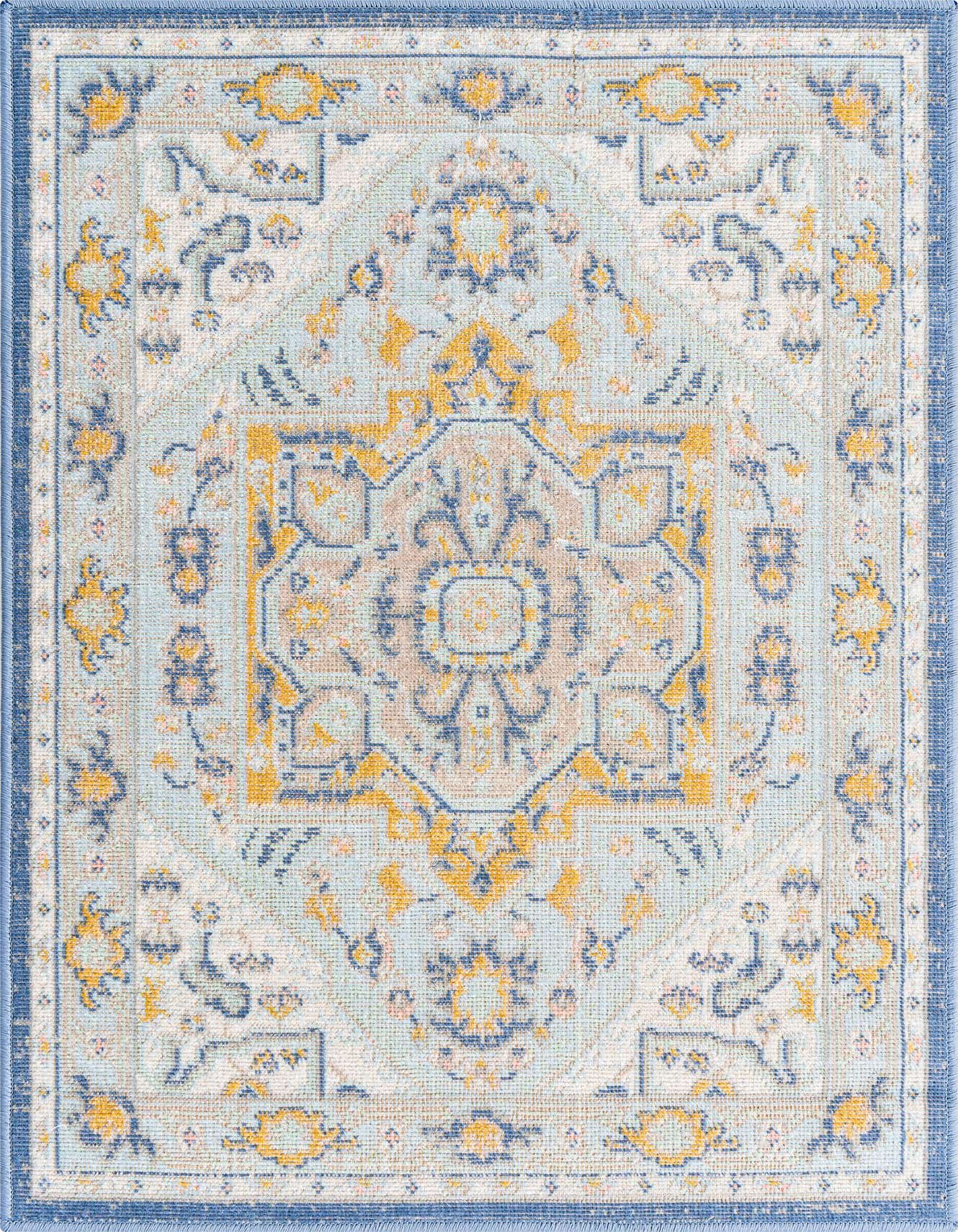 A 2x3 rectangular Whitney Collection rug featuring a sky blue background with a vintage medallion pattern in gold, navy, and subtle pink accents, framed by a solid blue border.