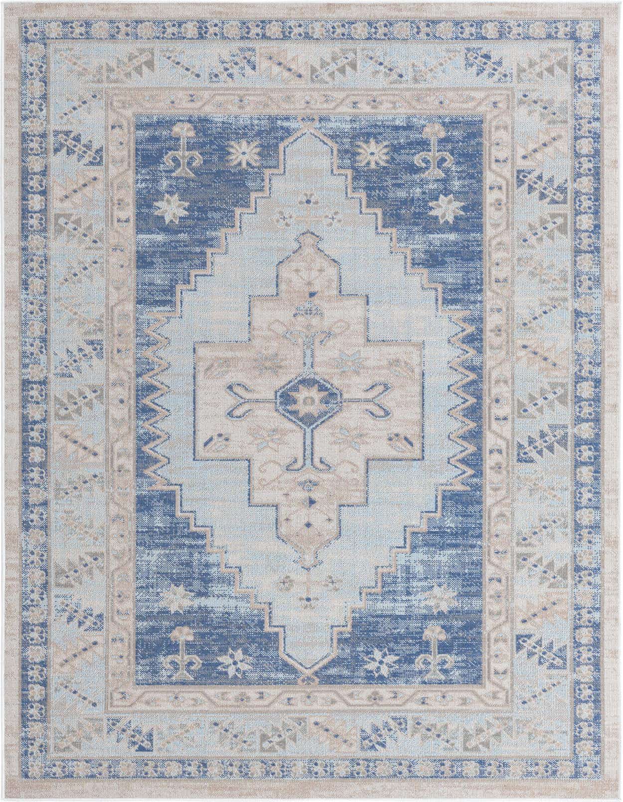 A 5x8 rectangular sky blue tribal rug with a distressed medallion pattern and light beige accents, suitable for a living room.