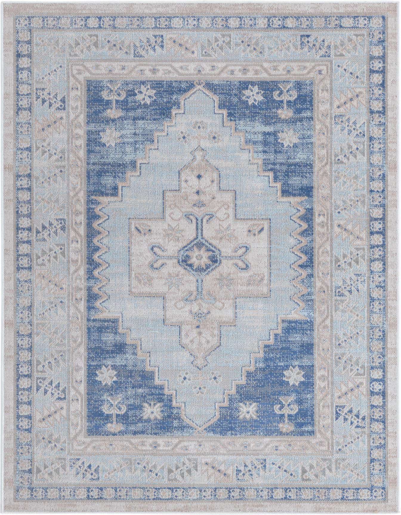 A 4x6 rectangular sky blue tribal flatweave rug with a central medallion and intricate border patterns.