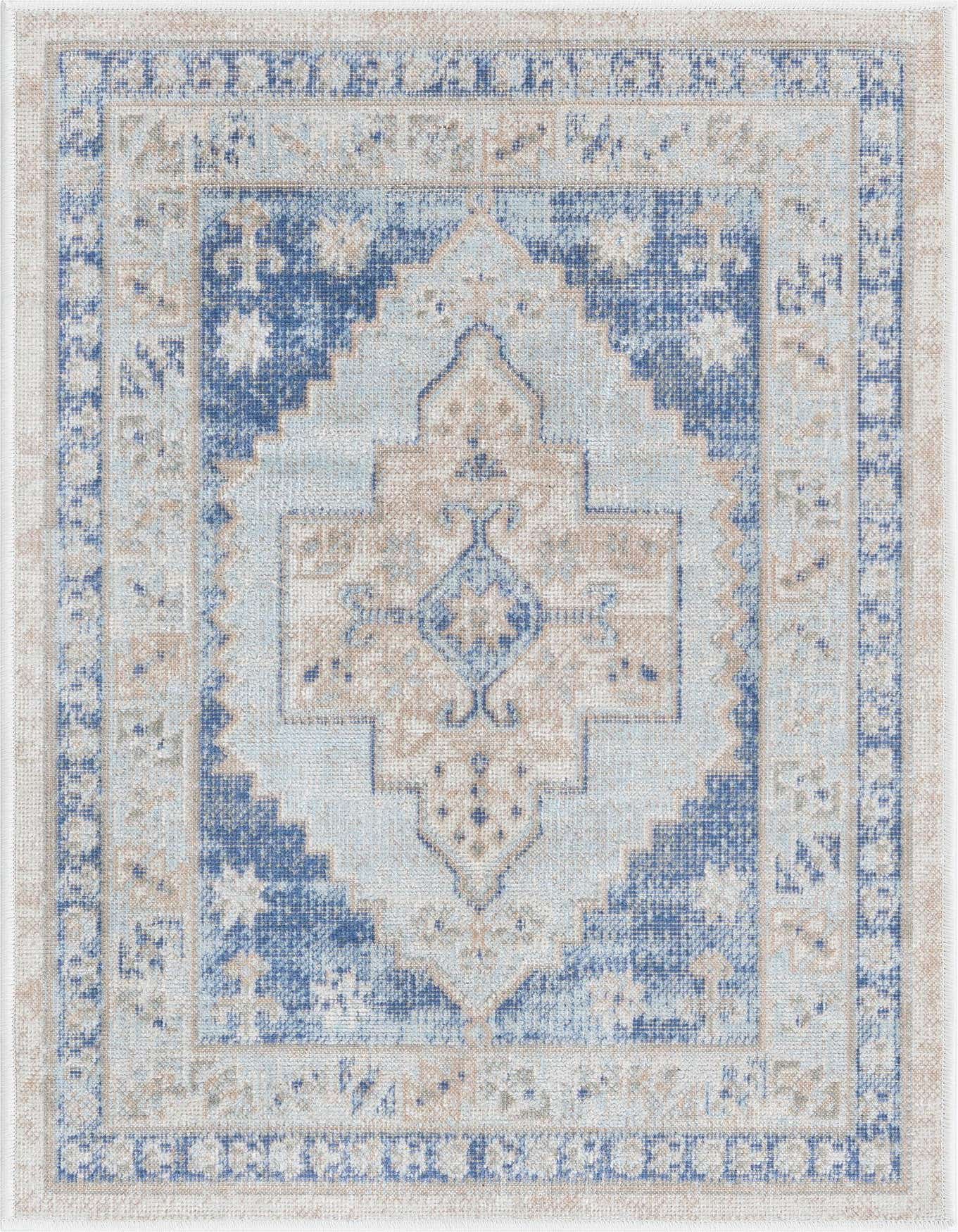 A 2x3 rectangular Rugs.com Whitney rug featuring a sky blue tribal medallion pattern with beige accents, ideal for an entryway.