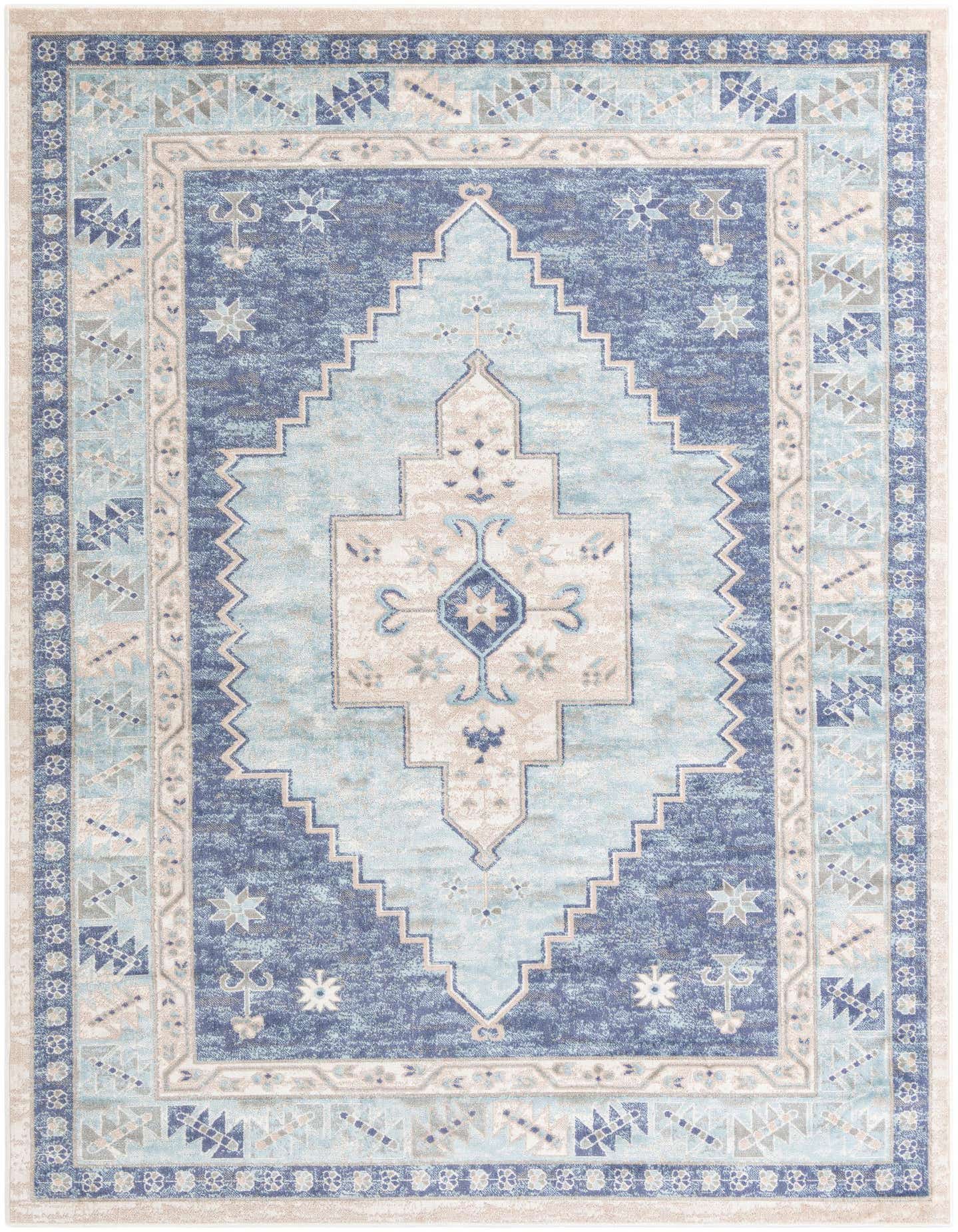 An 8x11 rectangular sky blue vintage area rug with a tribal medallion pattern and intricate border, ideal for a living room.