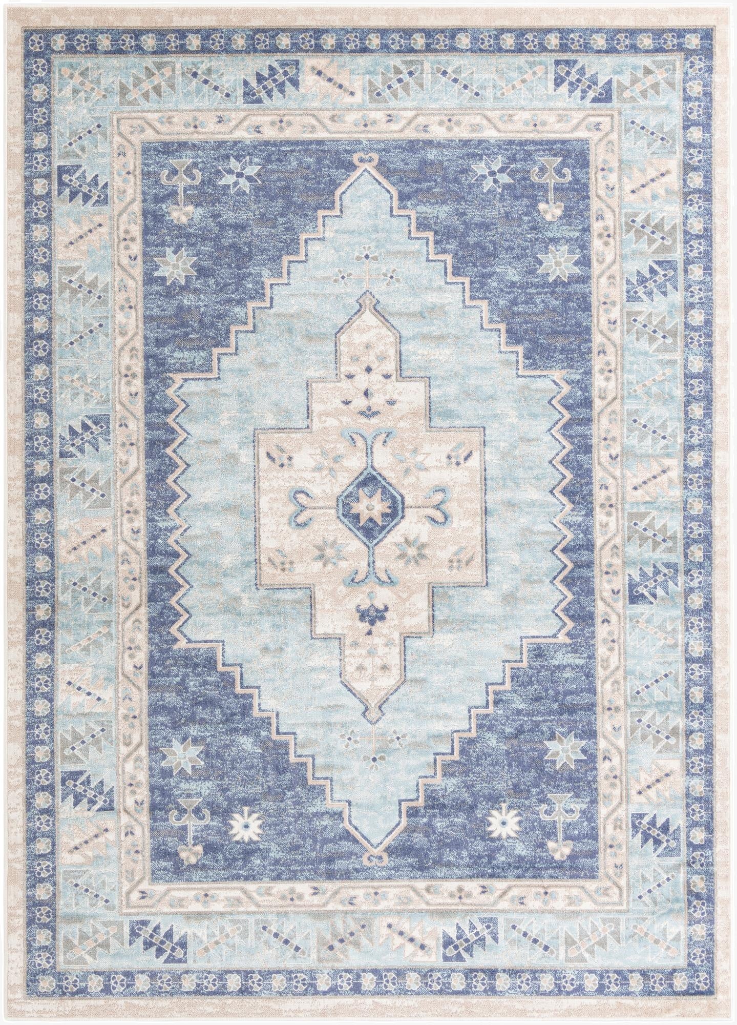 An 8x11 rectangular sky blue vintage area rug with a tribal medallion pattern and intricate border, ideal for a living room.