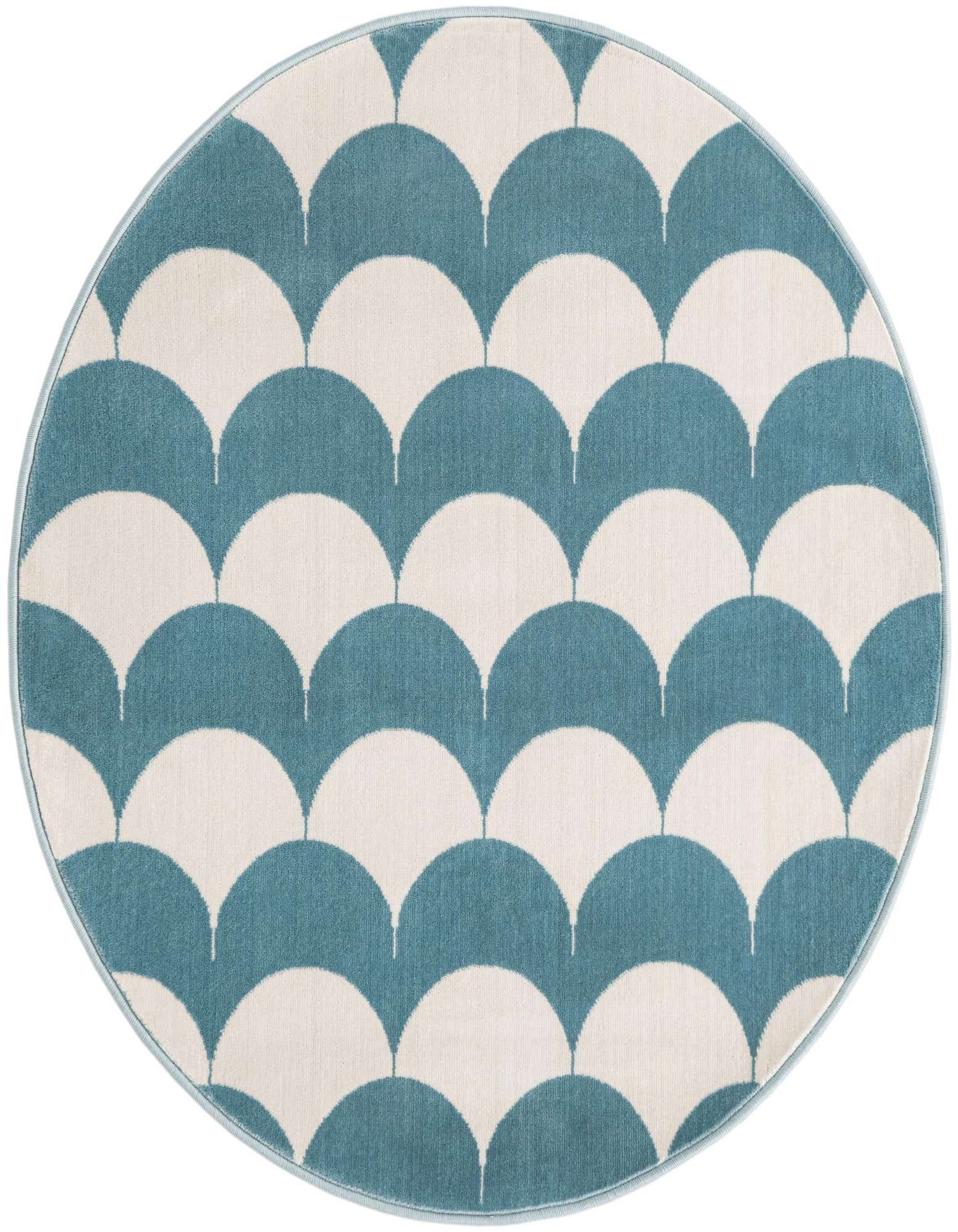 A 4' round rug featuring a modern, abstract scallop pattern in sky blue and off-white, perfect for a child's room.