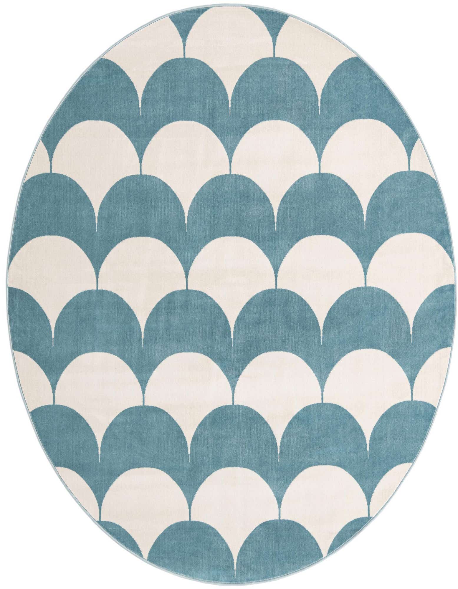A round sky blue and cream rug with a modern abstract scallop pattern, ideal for a child's room.