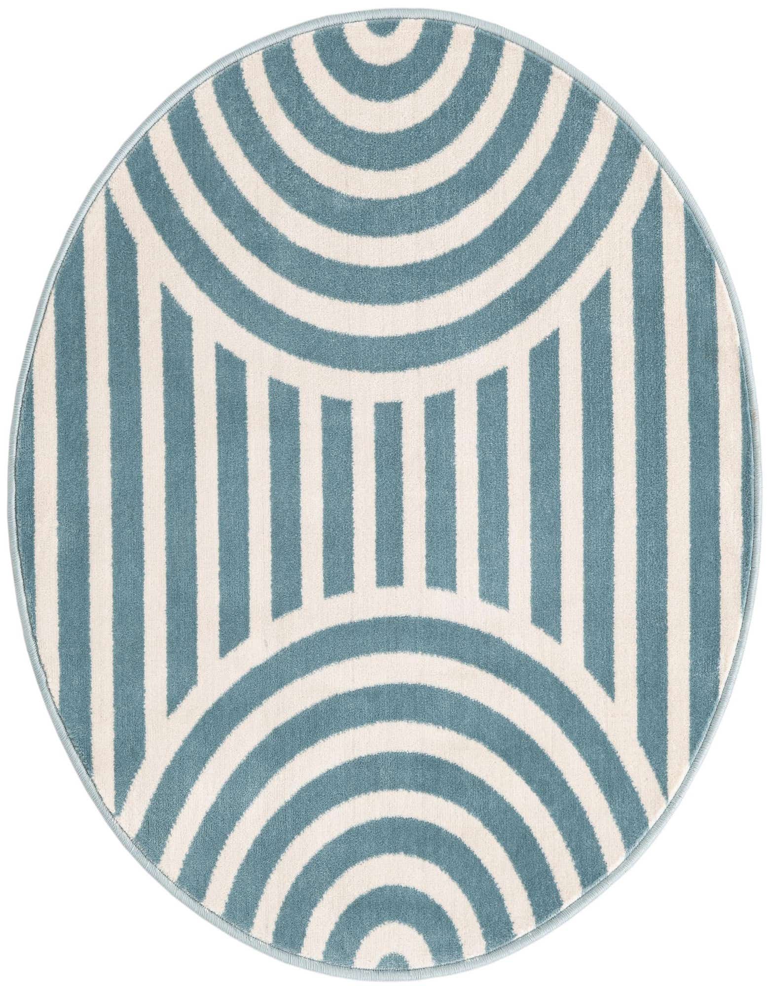 A 3' 0 x 3' 0 round rug featuring a modern geometric pattern of sky blue and off-white stripes and concentric arcs.
