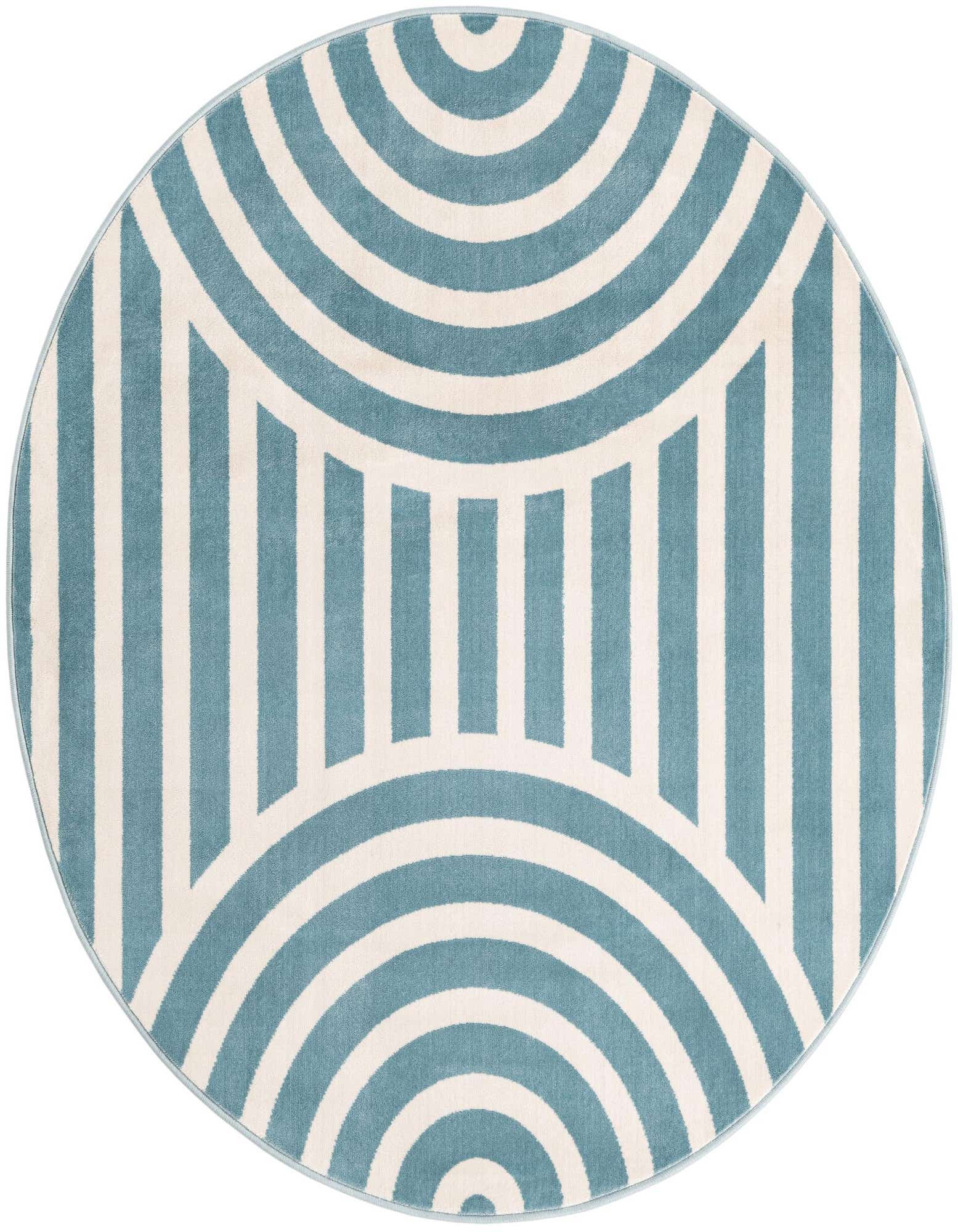 A 5' 3 round sky blue and cream modern rug with a bold geometric stripe and concentric arc pattern.