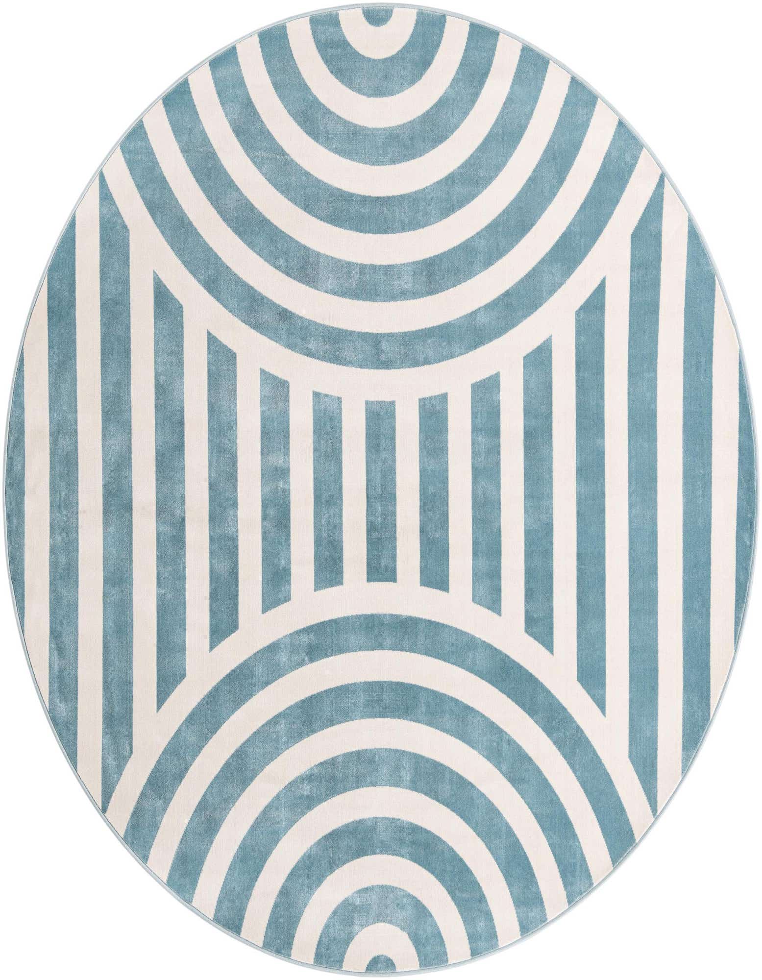 A round 7' 10" sky blue and white rug featuring a modern geometric stripe pattern, ideal for an indoor space.